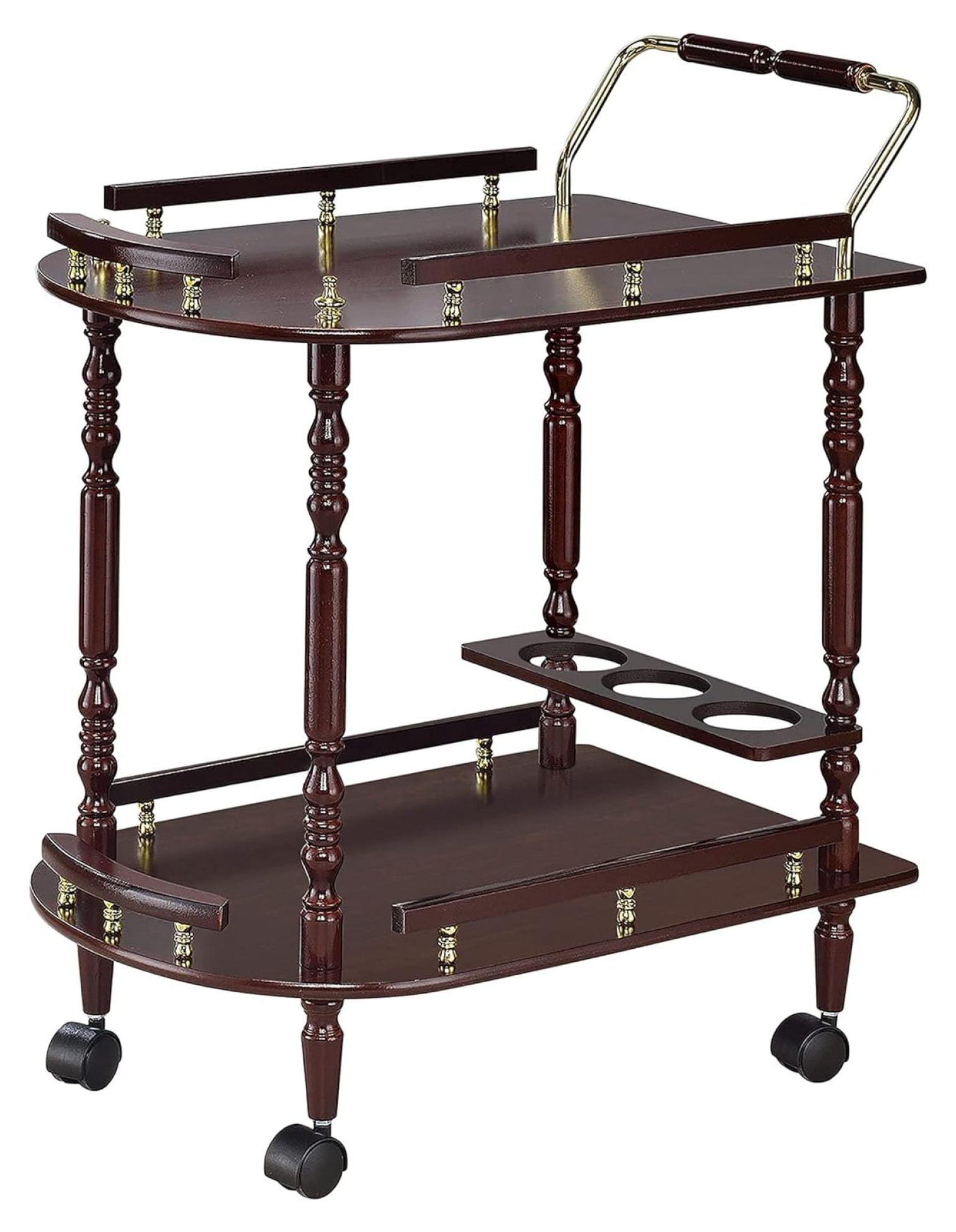 Elegant Merlot and Brass Round Serving Cart with Wine Storage