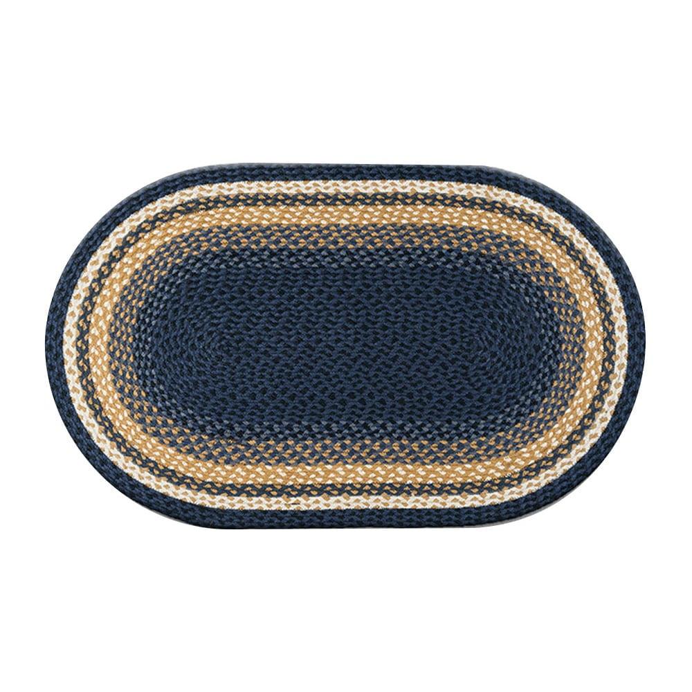 C-079 Light & Dark Blue, Mustard Braided Rug, Oval 27" x 45"