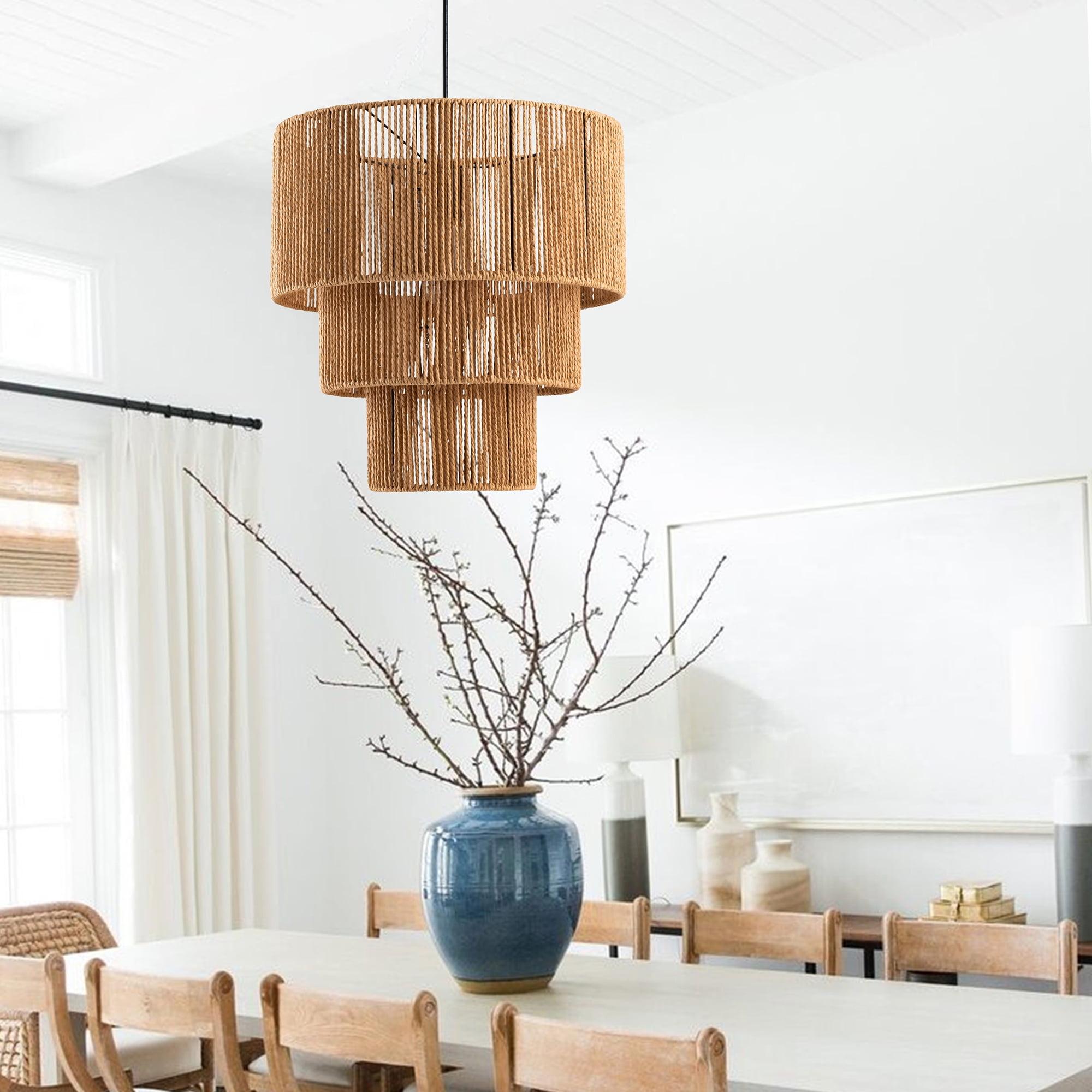 Three-Tiered Natural Jute Rope Drum Chandelier