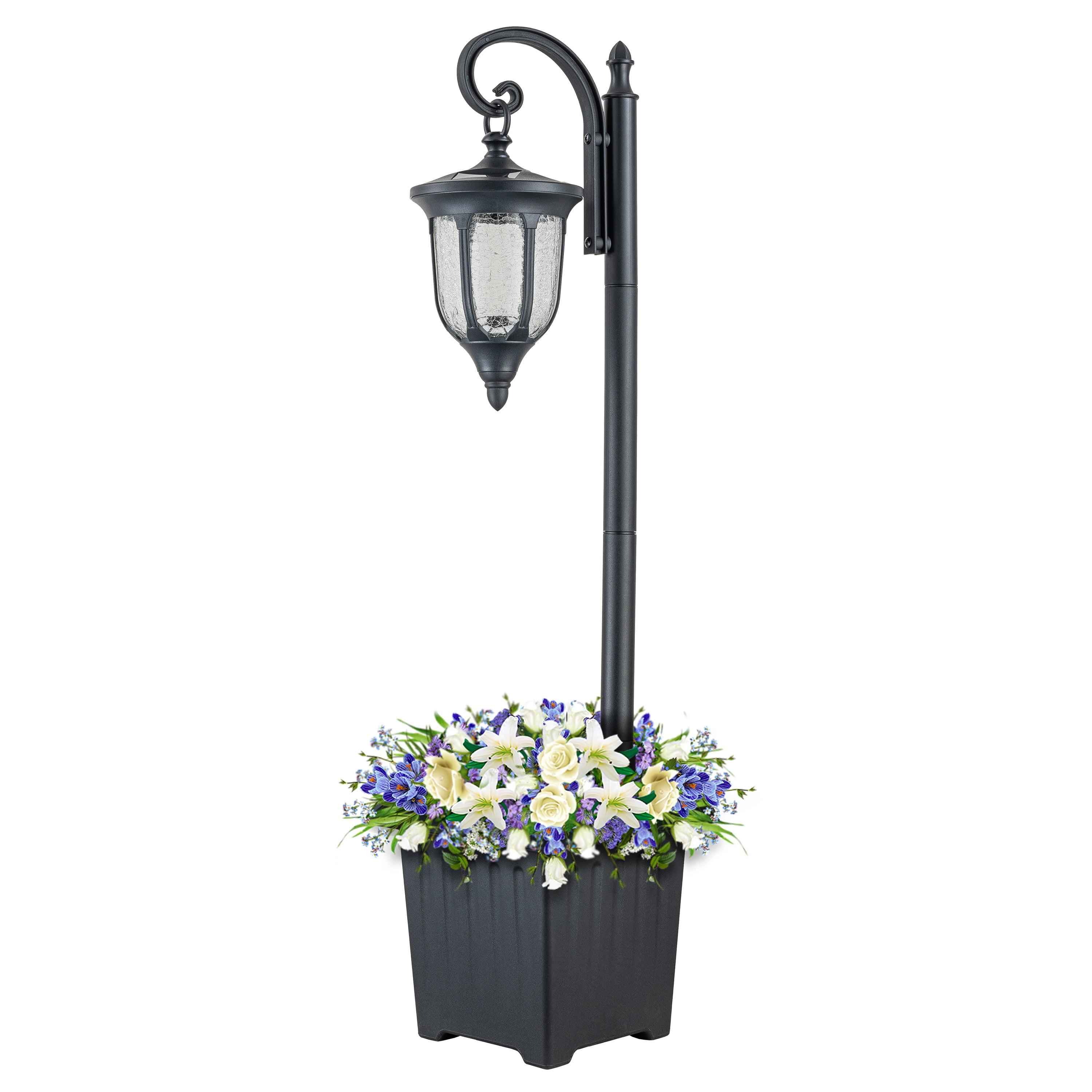 C Cattleya 1-Light Black Solar Outdoor Post Light with Planter and Crackle Glass