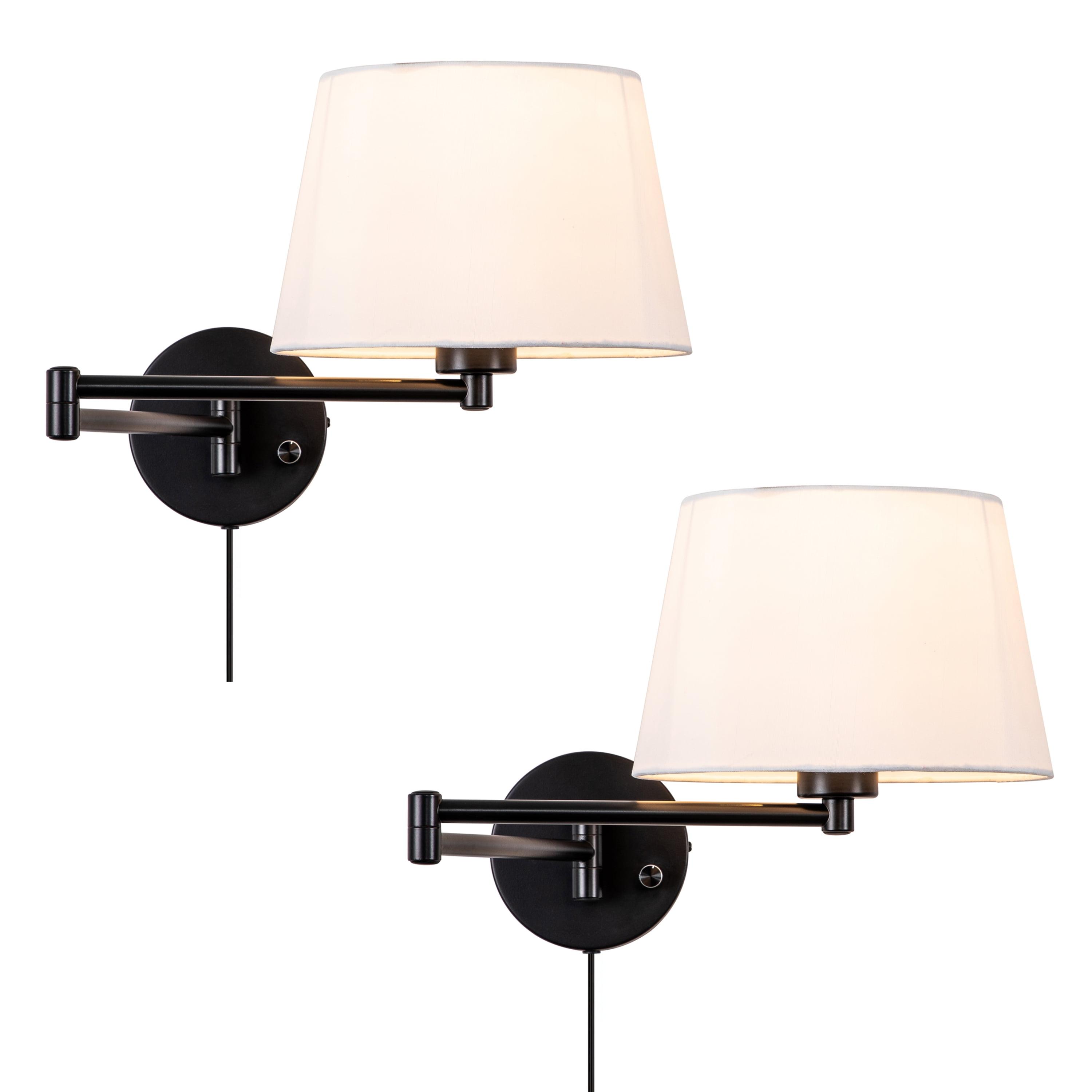 Black Swing Arm Wall Light with White Linen Shade, 2-Pack