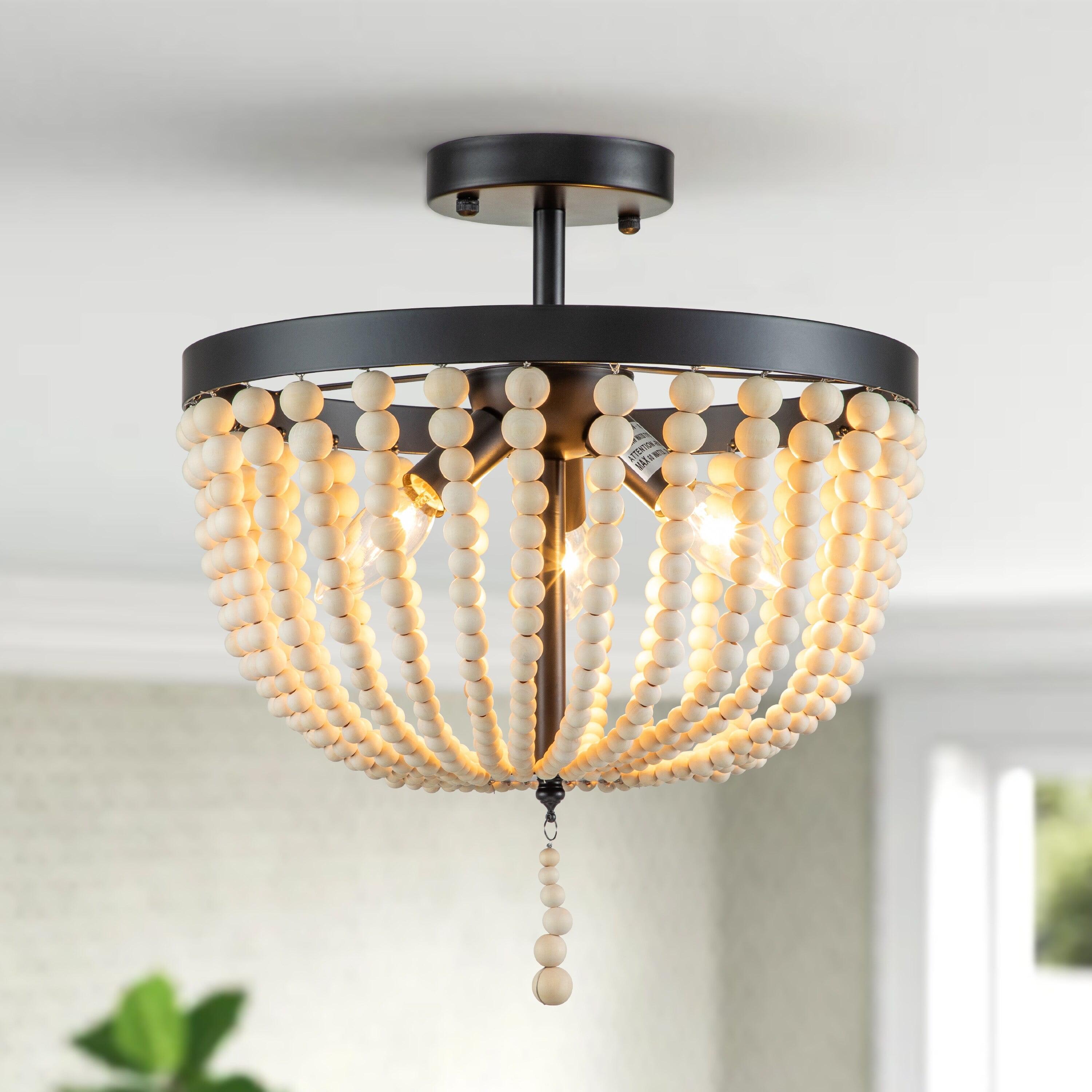 C Cattleya 3-Light Black Finish Natural Wood Beaded Semi Flush Mount