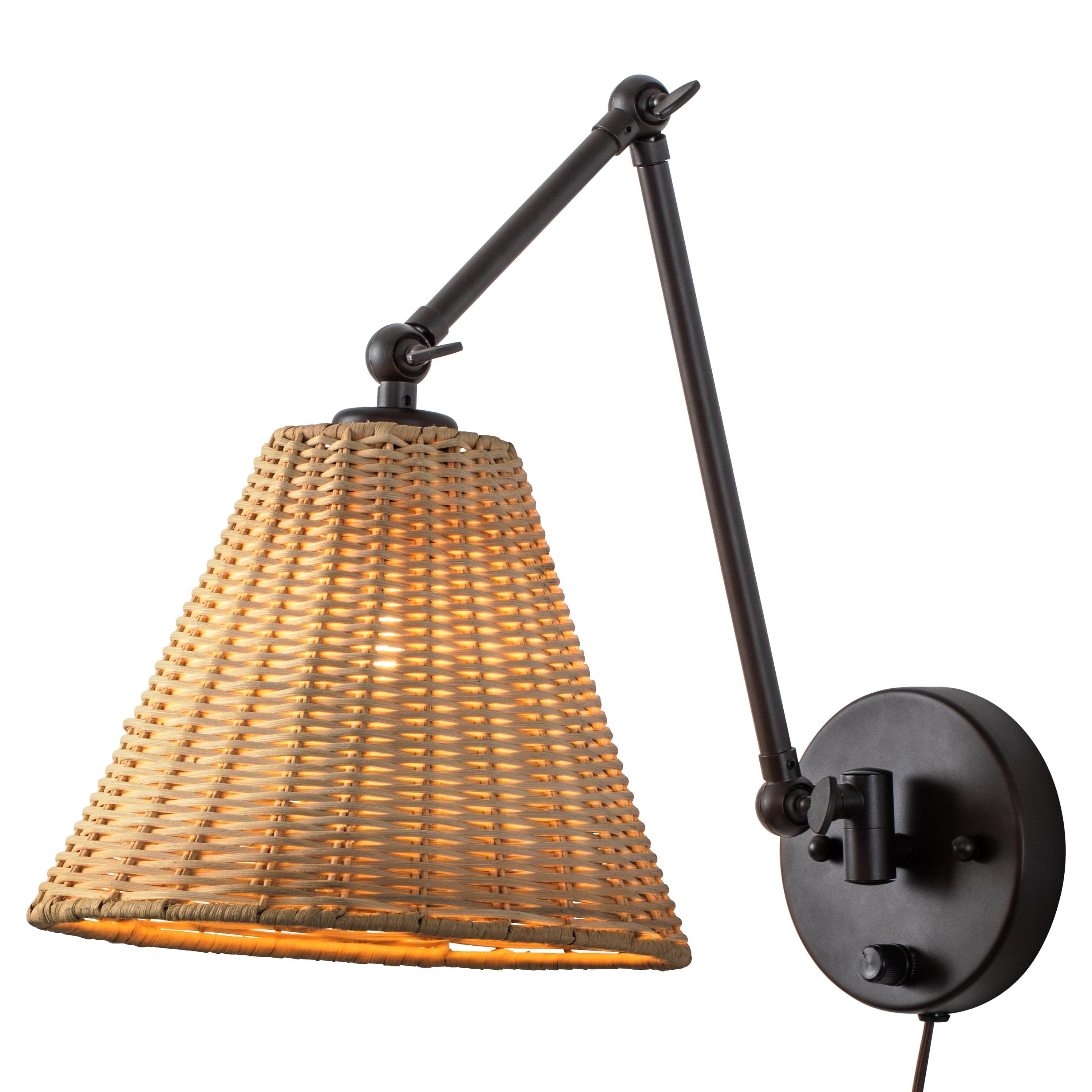 Adjustable Bronze Swing Arm Wall Lamp with Woven Rattan Shade