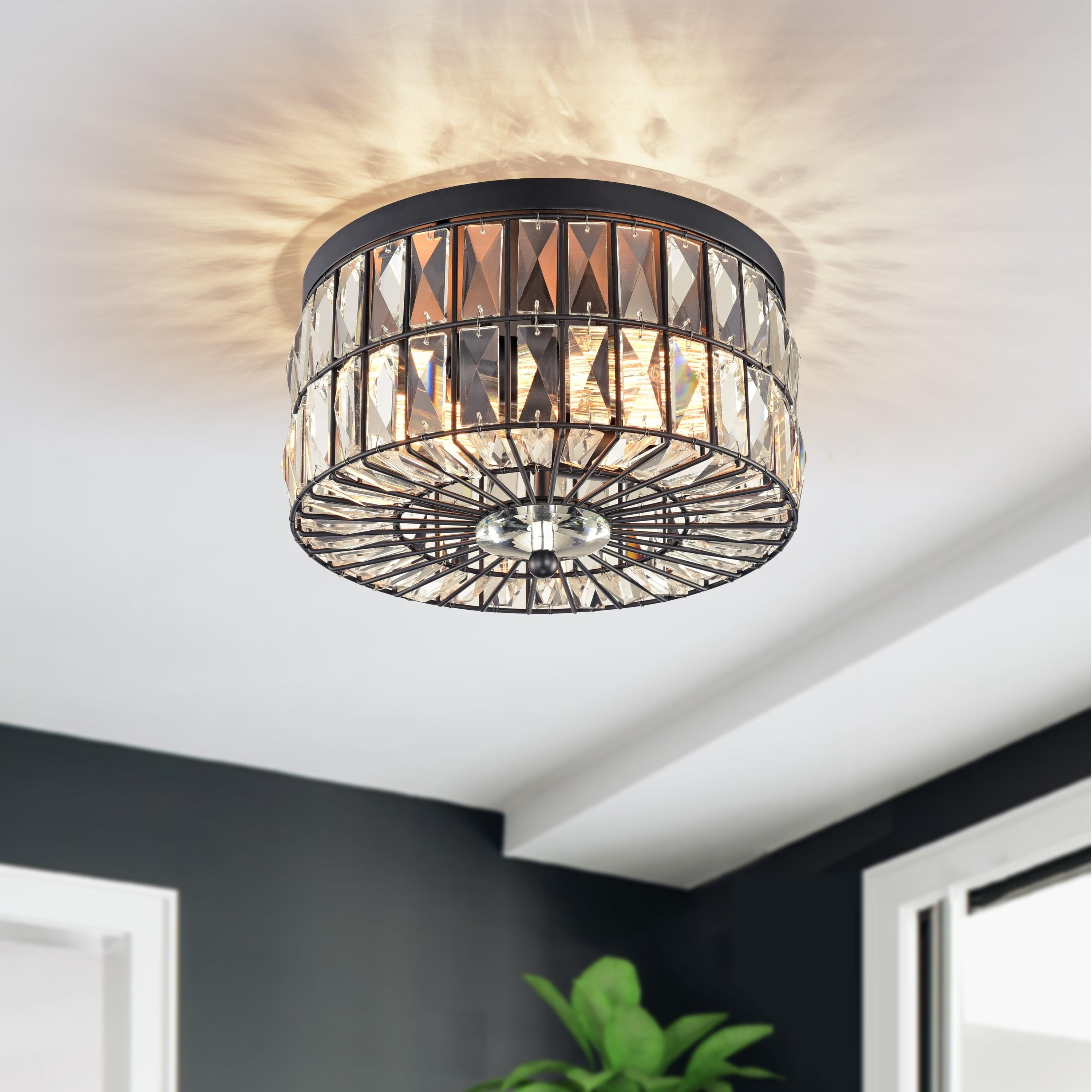 Matte Black Crystal Drum Flush Mount Ceiling Light