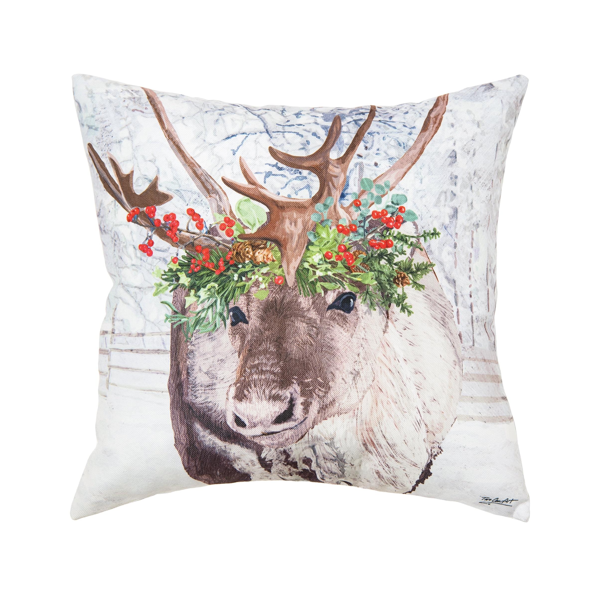 Reindeer Wearing a Red Holly Flower Crown Indoor and Outdoor Throw Pillow