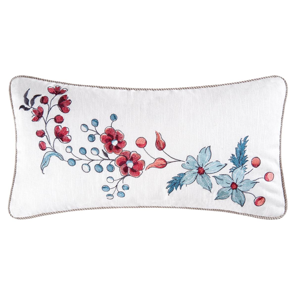 Adrienne 12" x 24" White Embroidered Floral Throw Pillow