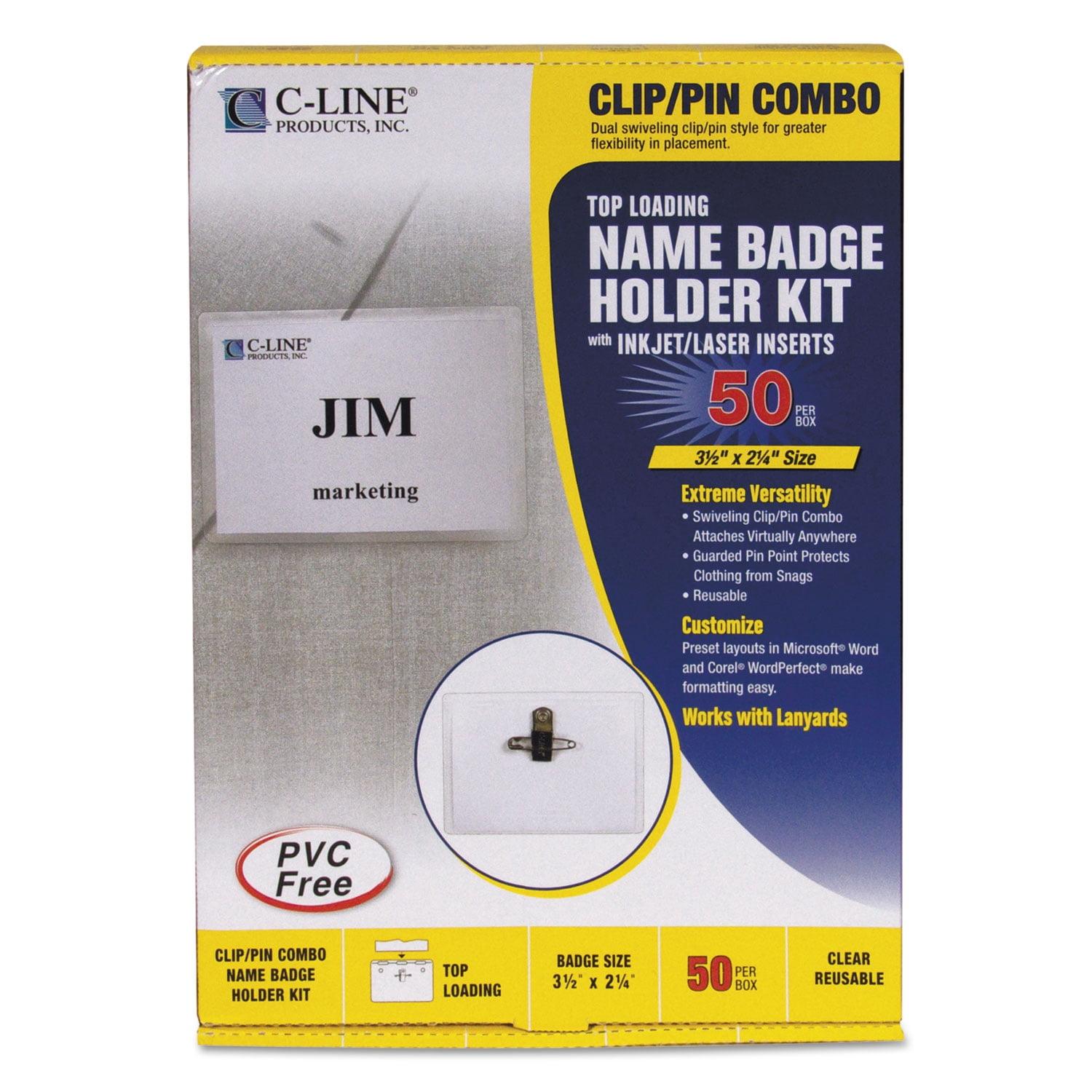 C-Line Clip and Pin Combo Name Badges with Inserts, 3-1/2 x 2-1/4 Inches, Pack of 50