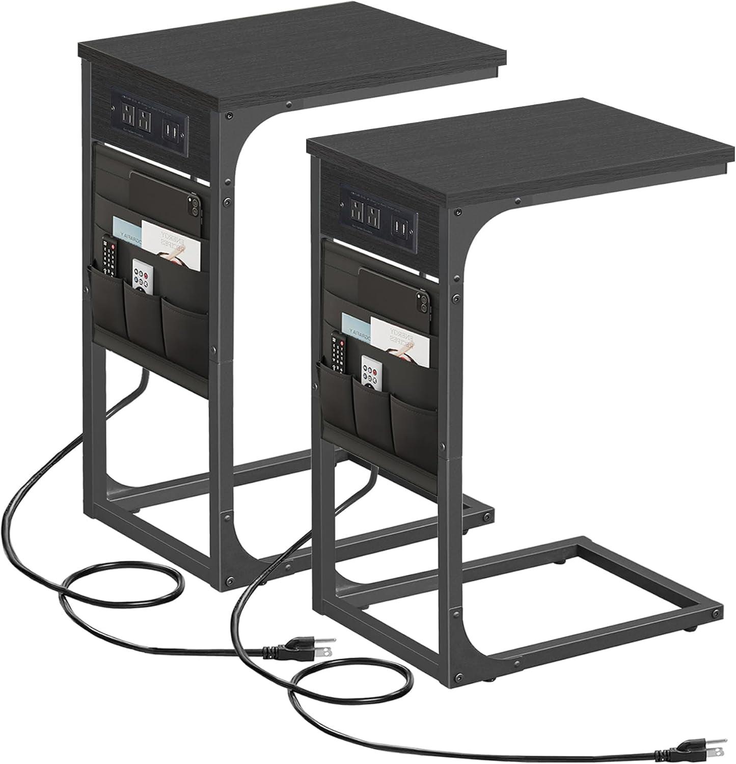 Black Metal C-Shaped End Table Set with Charging Station