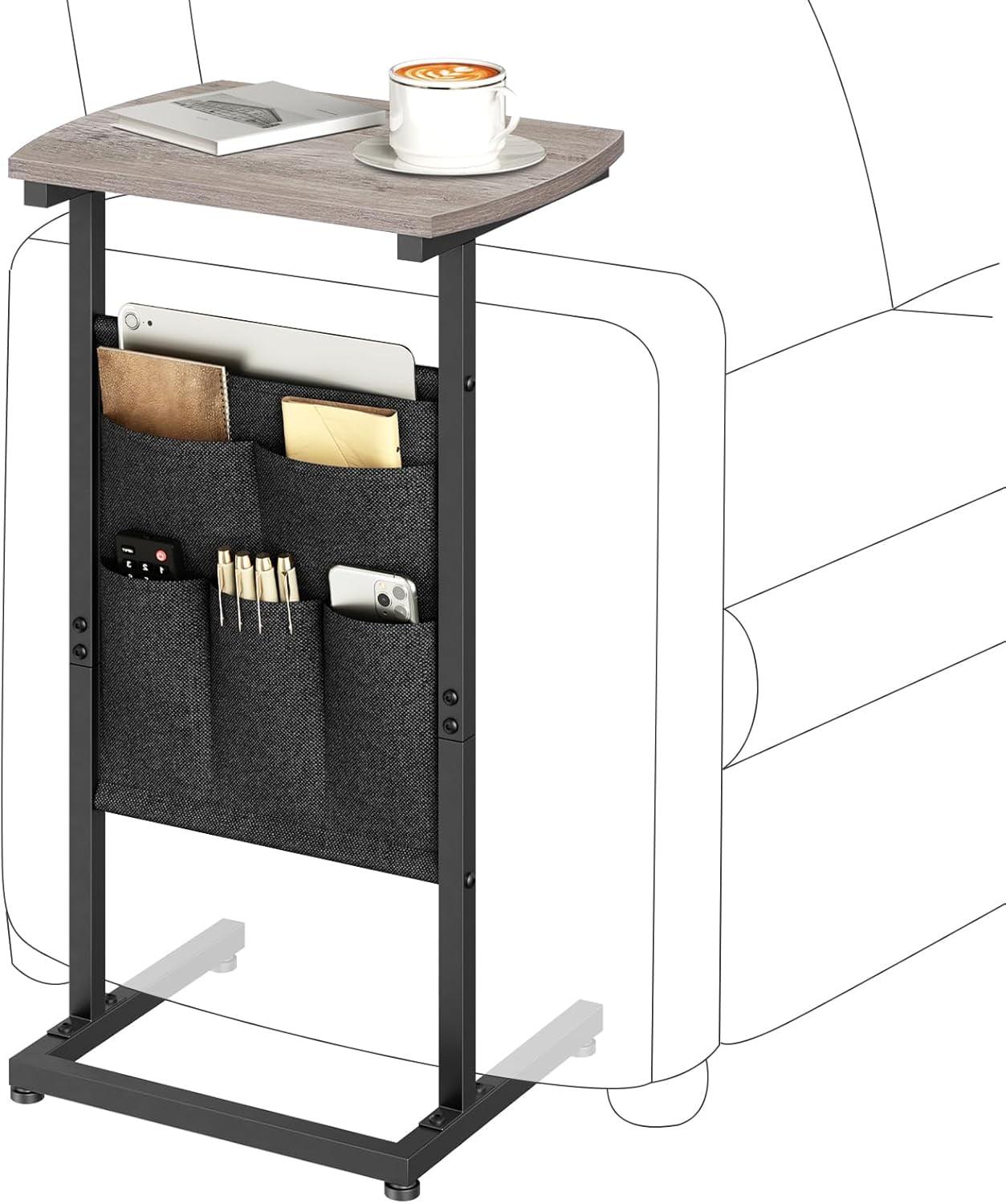 C-Shaped Side Table, Small End Table with Storage Bag, Couch Side Table with Sturdy Frame, Sturdy Slide Under Sofa Table, TV Tray Table for Living Room, Bedroom, Rustic Brown and Black BF40SF01