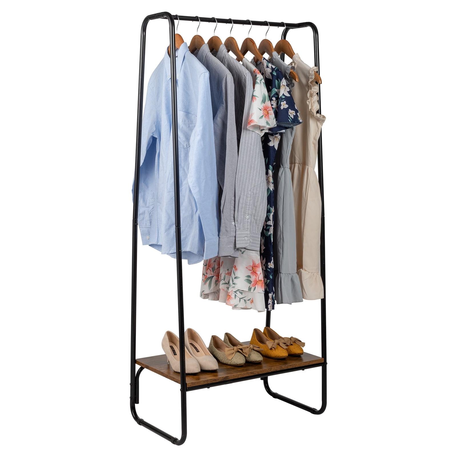 Freestanding Black Metal Garment Rack with Wooden Shelf