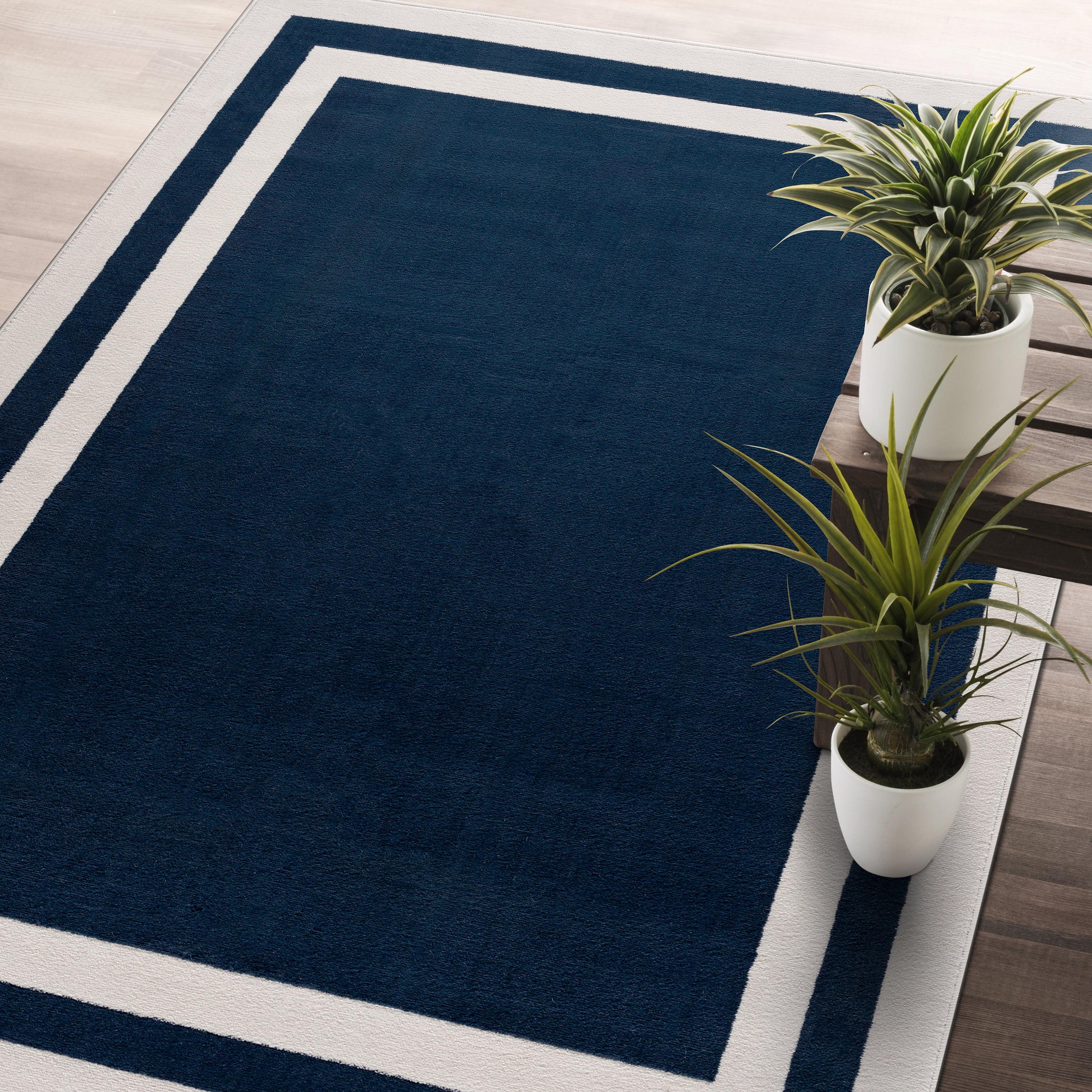 Navy Blue and Cream Rectangular Synthetic Area Rug, 6' x 9'