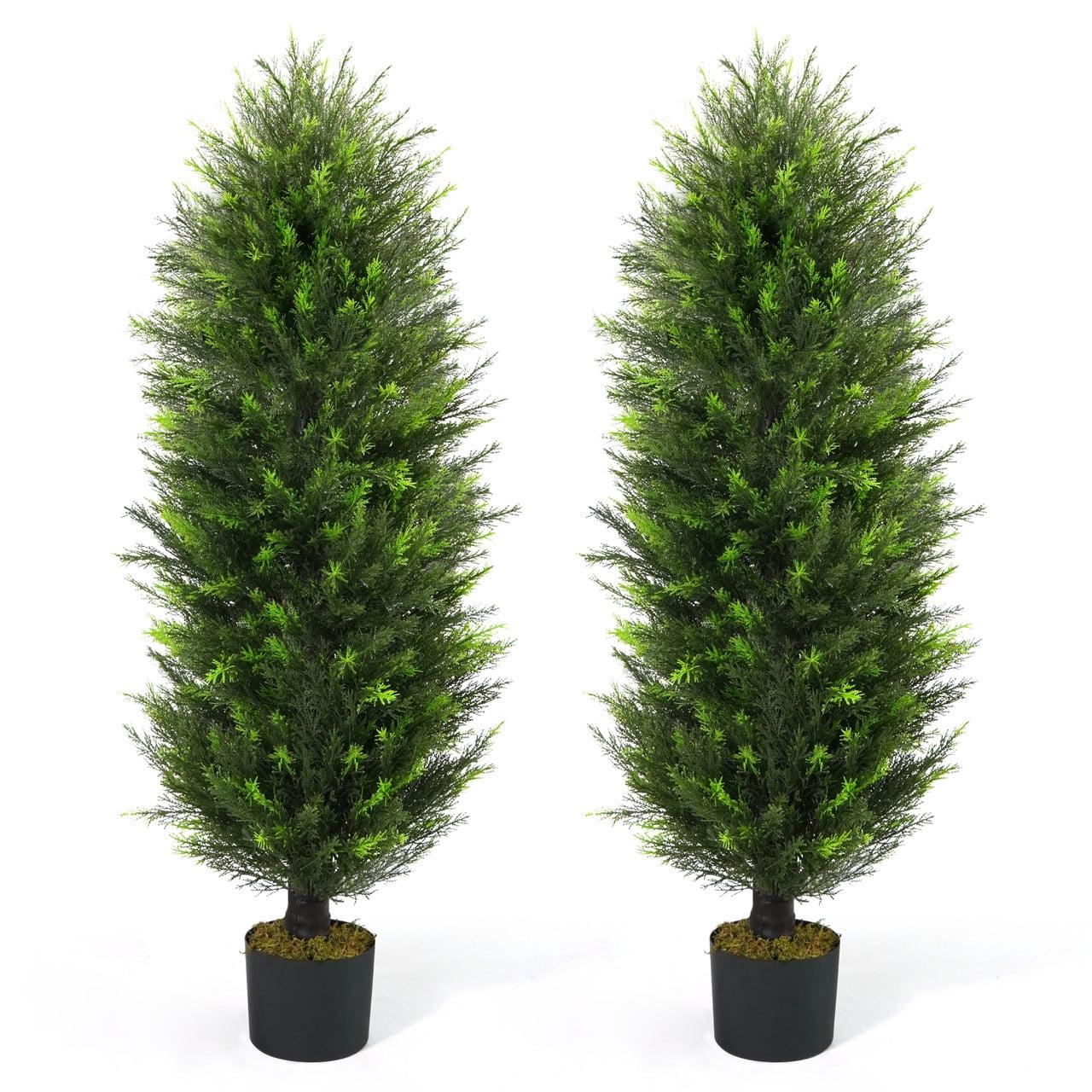 CAPHAUS 4 FT, 48 Inch Artificial Cedar Tree set of 2, Natural Faux Plants for Outside Planter, UV Resistant, Fake Boxwood Topiary w/ Dried Moss, Artificial Tree Indoor, Outdoor Patio Decor