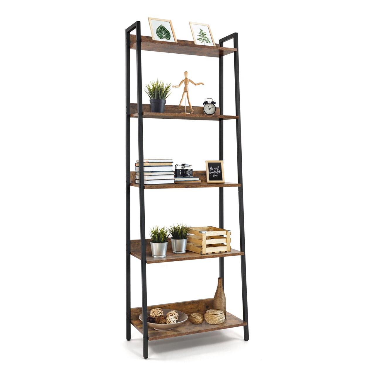 Rustic Oak and Matte Black 5-Tier Ladder Bookshelf