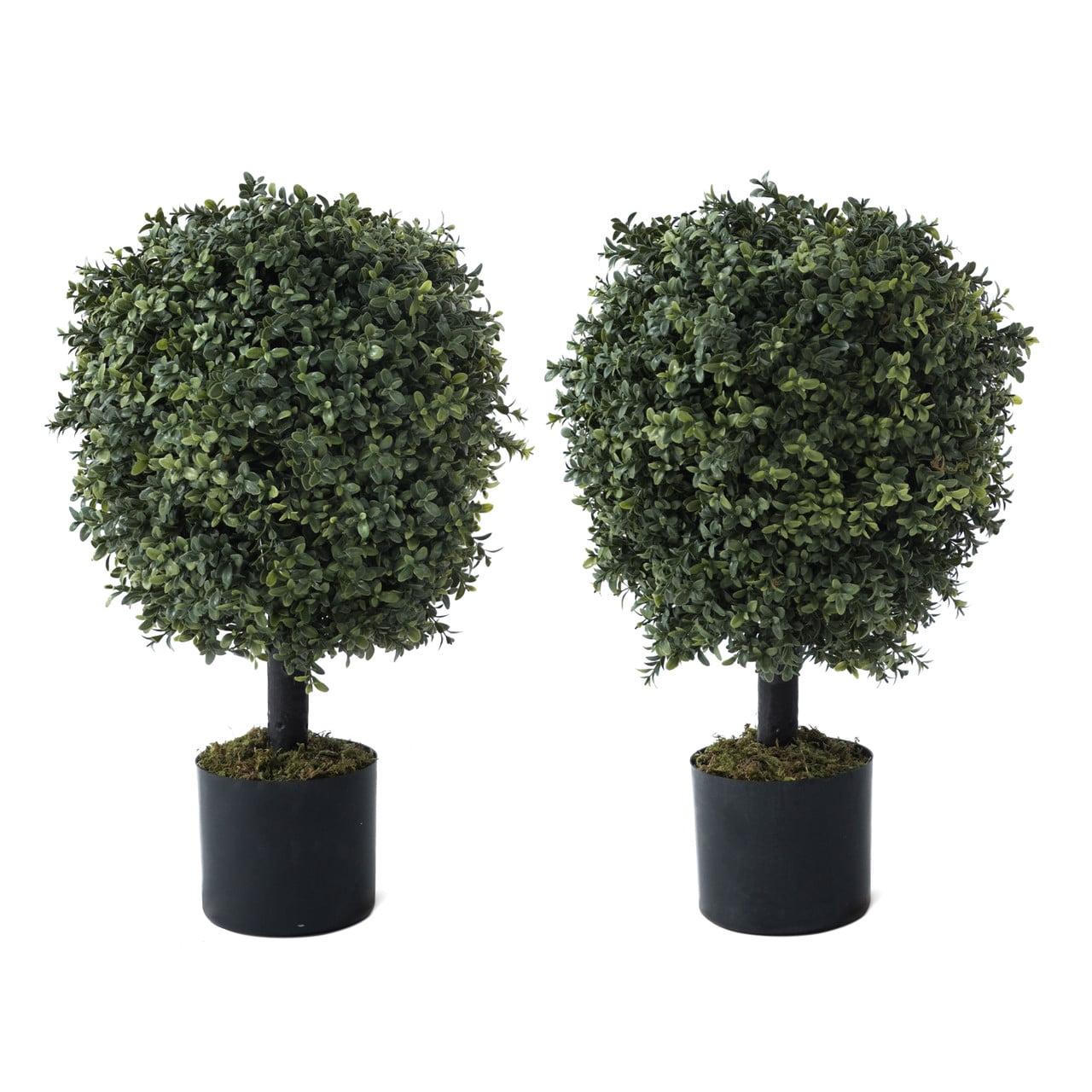 JepoIA Artificial Boxwood Topiary Tree Set of 2, Artificial UV Resistant Bushes, Faux Potted Tree, Plant in Pot w/Dried Moss, Fake Shrubs for Indoor, Front Porch, Outdoor, w/Orange Flower