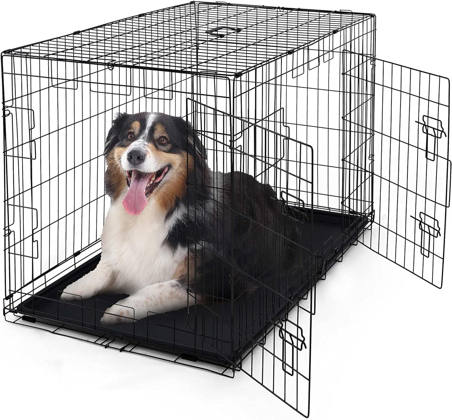 CAPHAUS Foldable Dog Crate Kennel w/Leak-Proof Pan & Divider Panel, Metal Crate, Small, Medium & Large Dog Crate Indoor Wire Cage, 42' w/Double Doors, Black