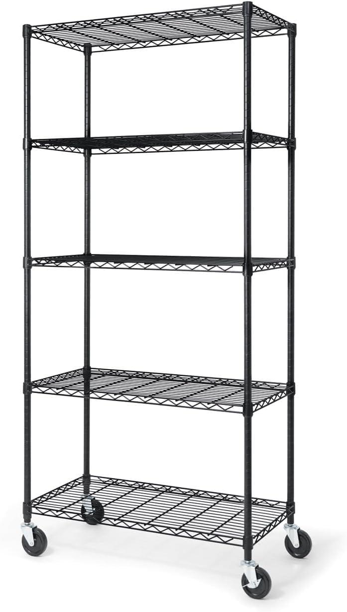 CAPHAUS NSF Heavy Duty Commercial Adjustable Wire Shelving w/ Wheels & Leveling Feet, Kitchen Storage Metal Shelf, Garage Storage Shelving, Utility Wire Rack Storage Unit, Black 36 x 18 x 76 5-Tier