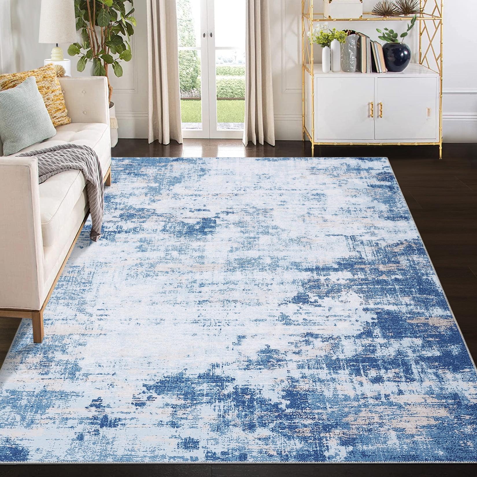 Blue and White Abstract 5' x 7' Machine Washable Area Rug