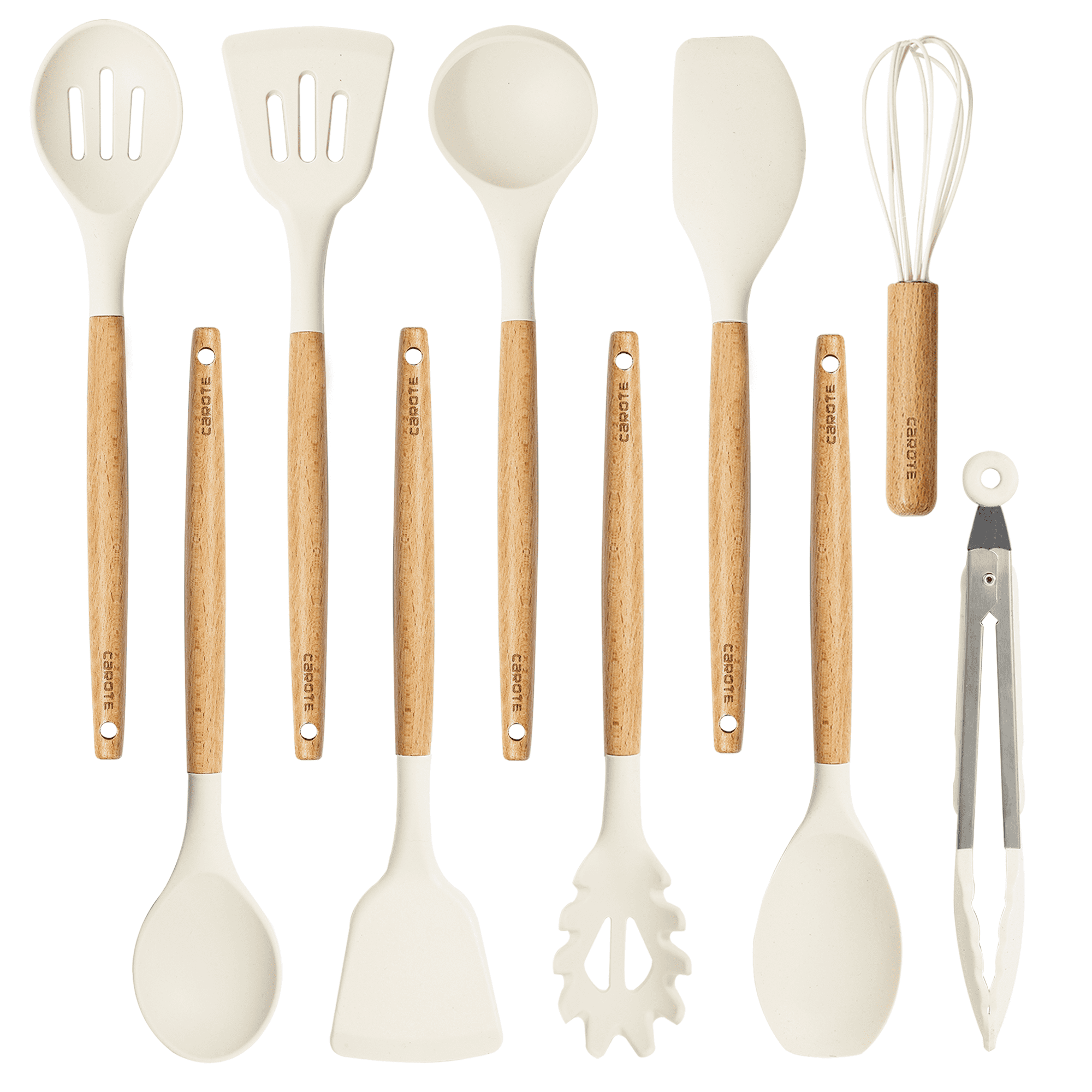 10-Piece Off-White Silicone Cooking Utensils Set with Wooden Handles