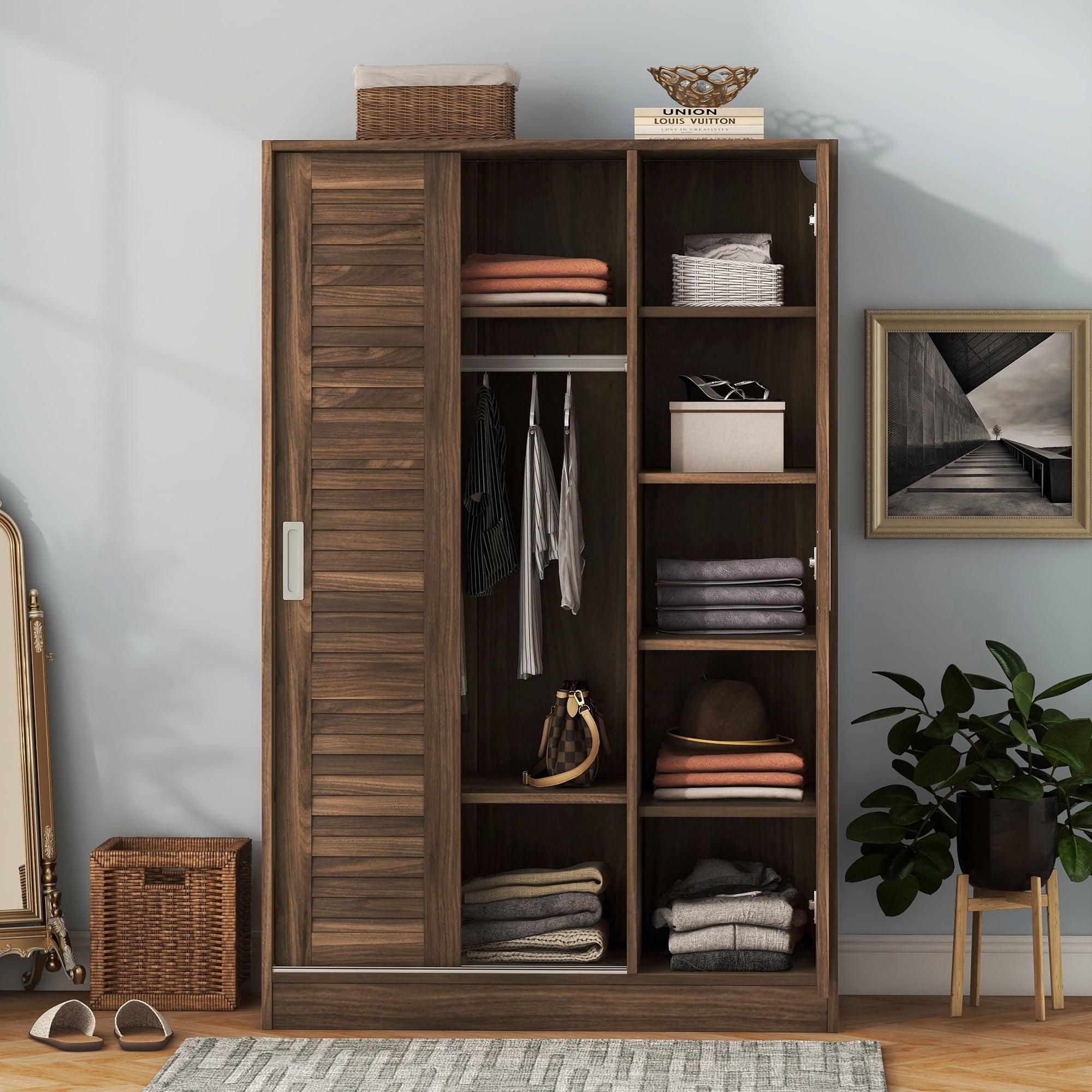 Walnut 3-Door Shutter Wardrobe with Shelves and Hanging Rod