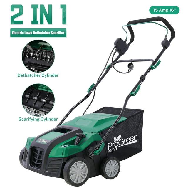 ProGreen 16" Green Electric Lawn Dethatcher Scarifier with Collection Bag