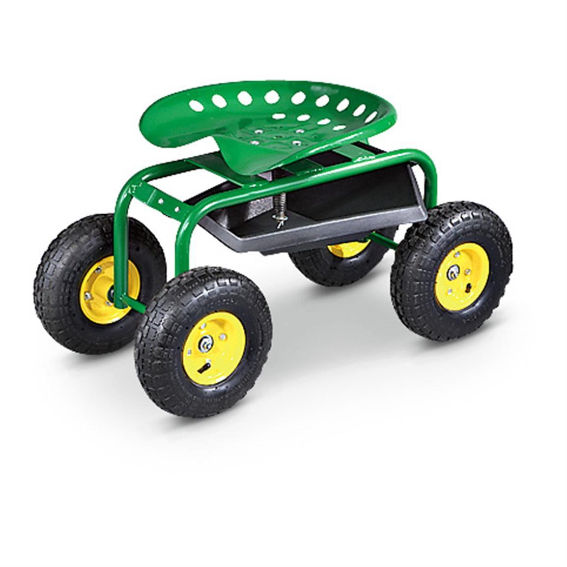 Green Steel Rolling Garden Seat with Built-in Tray