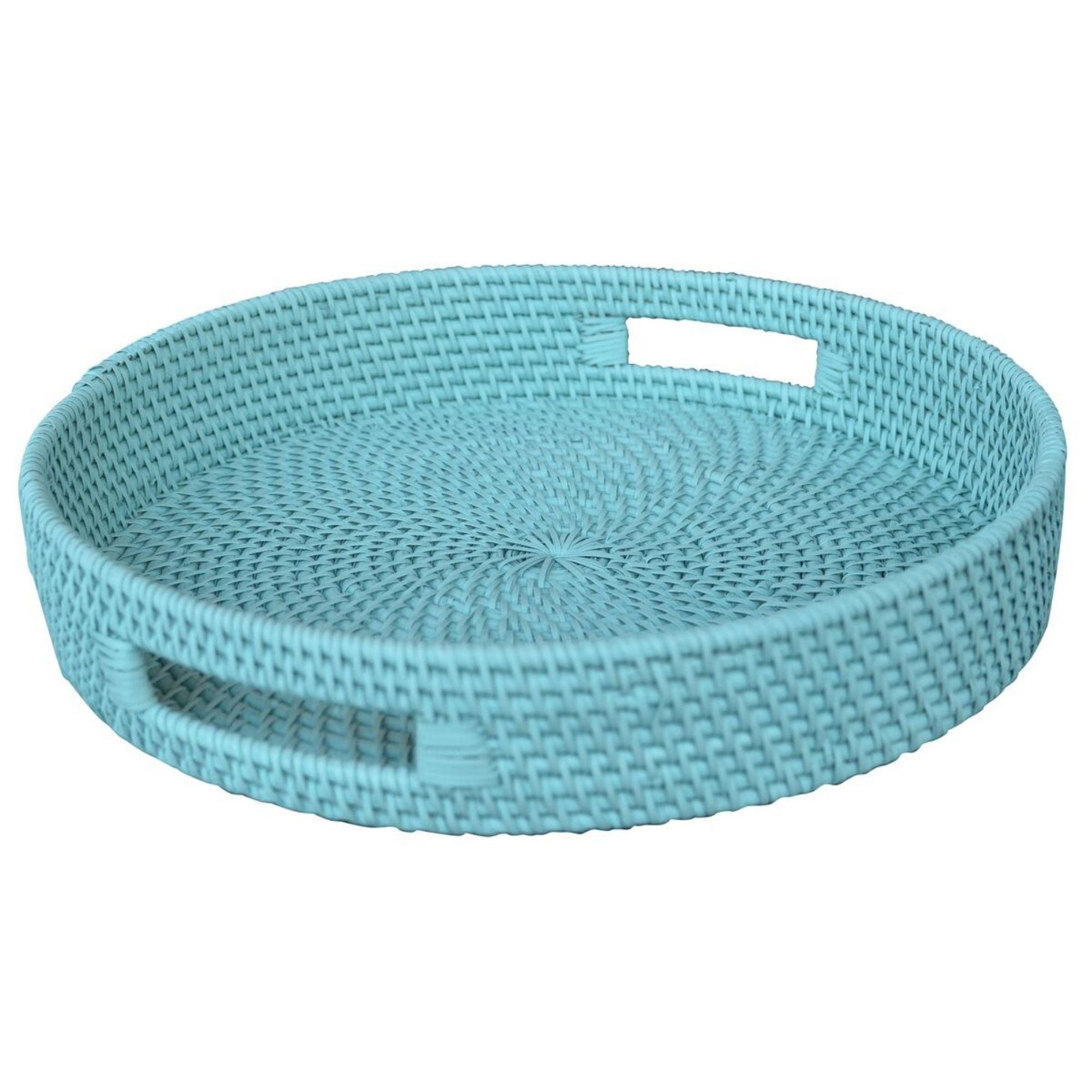 15" Aqua Blue Rattan Round Decorative Tray