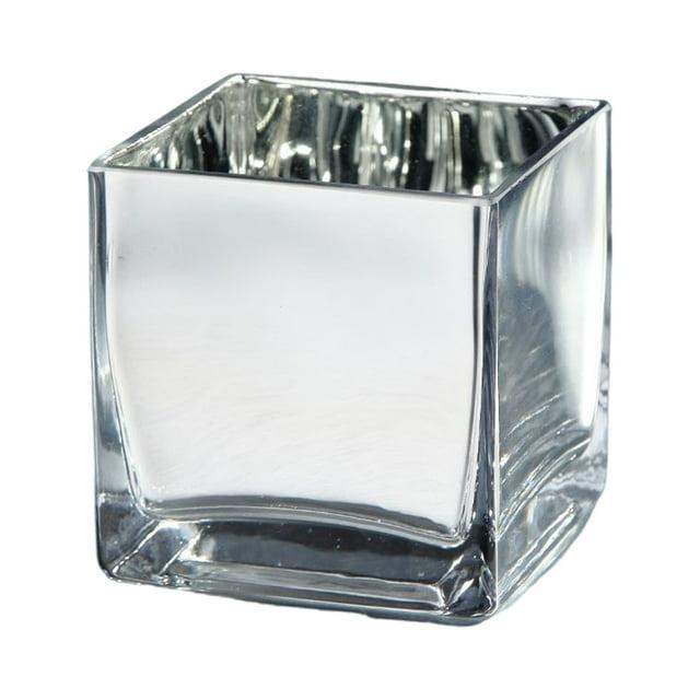 CC Home Furnishings 4" Silver Square Hand Blown Glass Tea Light Candle Holder