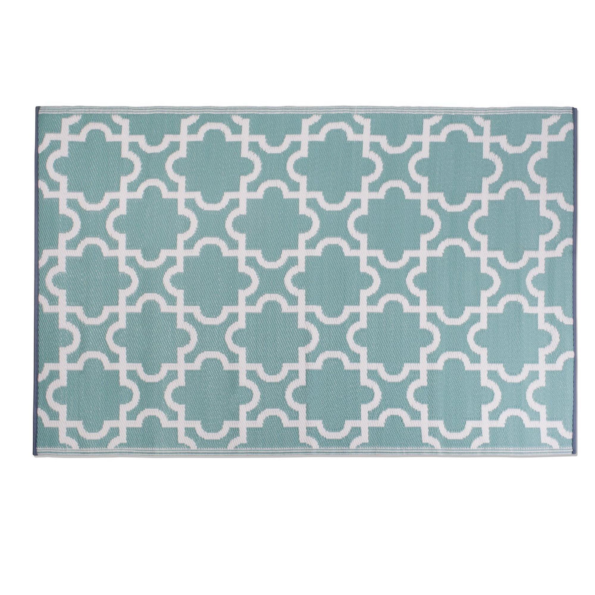 Aqua Blue and White Reversible Outdoor Patio Rug 48"x72"