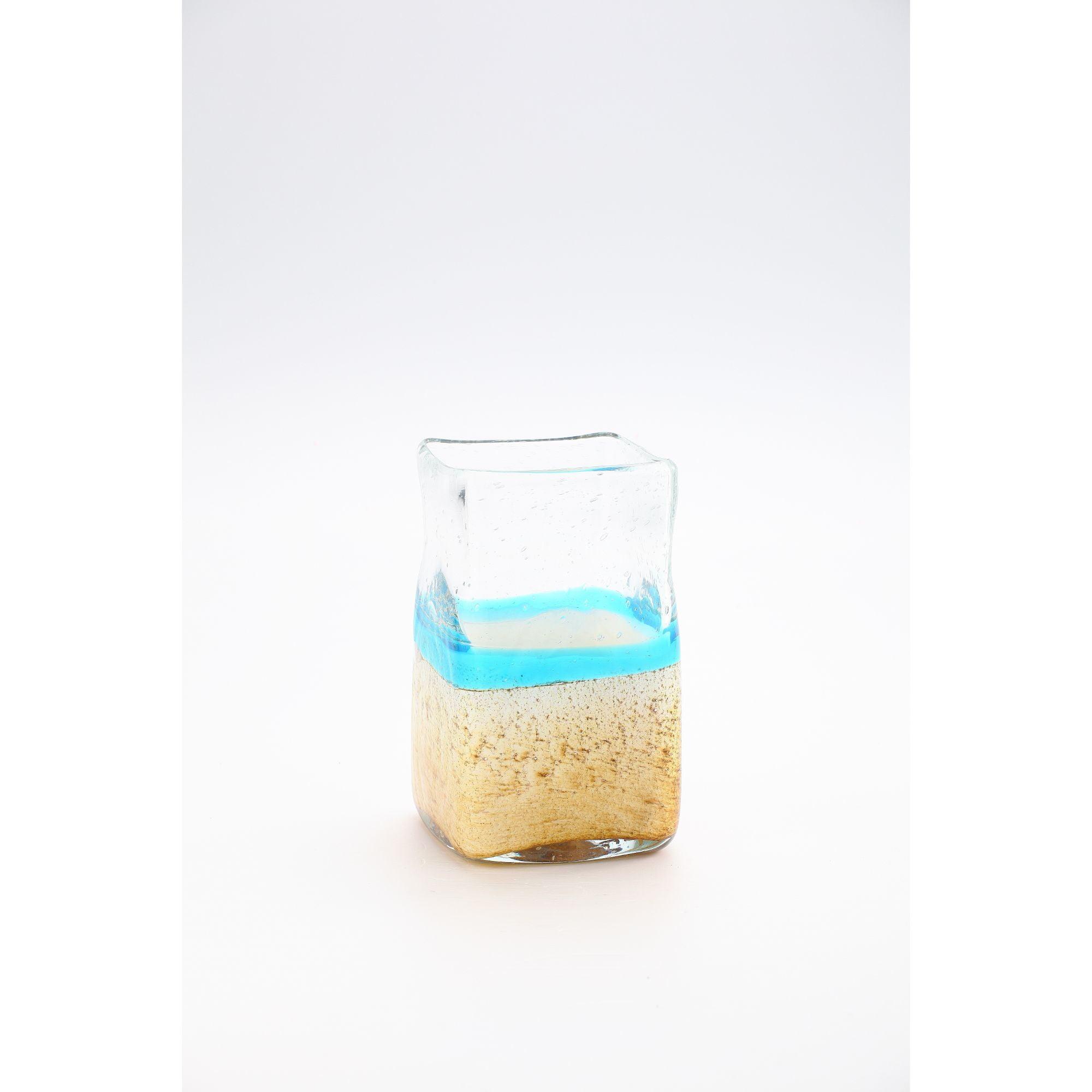 Coastal Breeze 7.5" Hand Blown Glass Square Vase with Beach Design