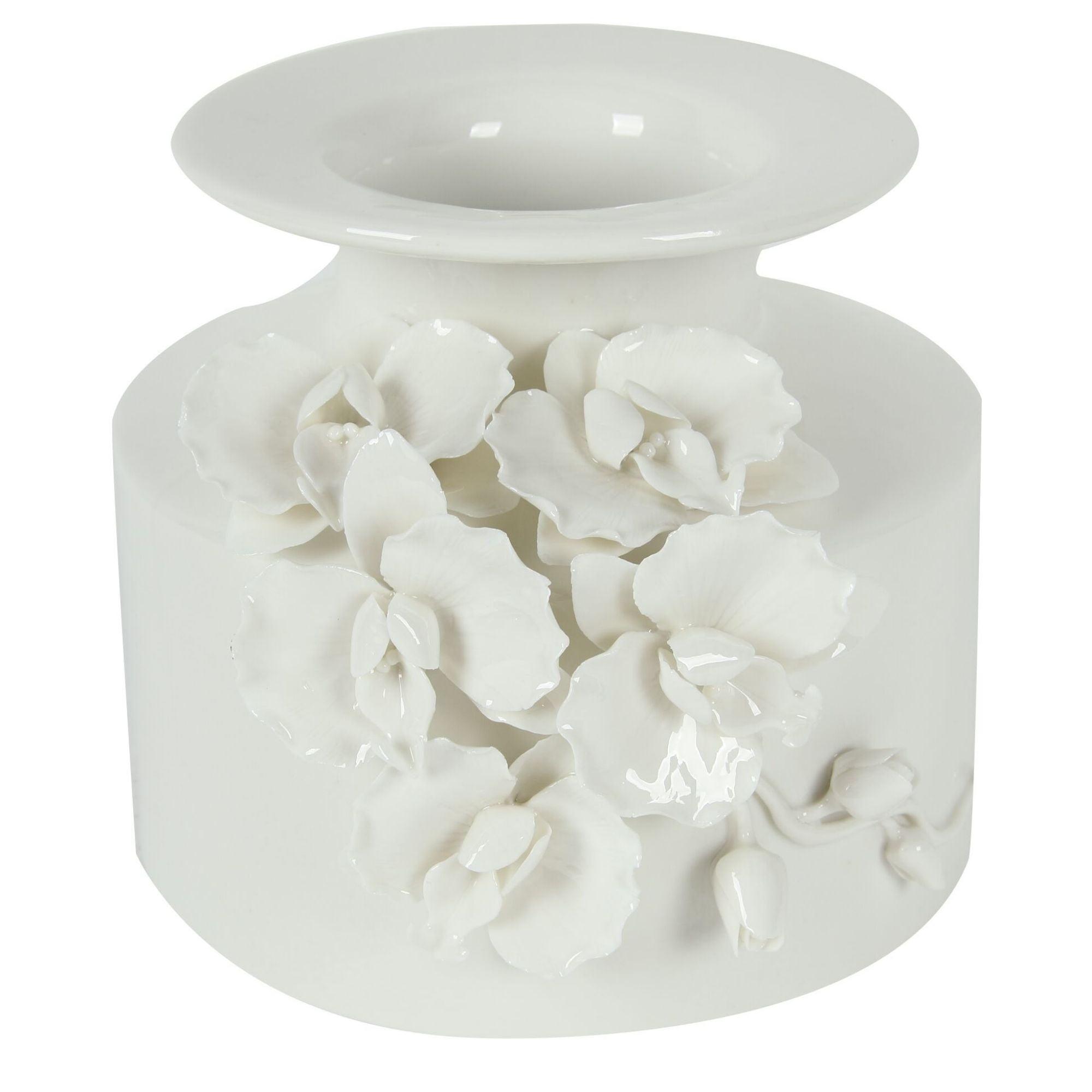 Elegant White Ceramic Bouquet Vase with Sculpted Flowers 7.5"