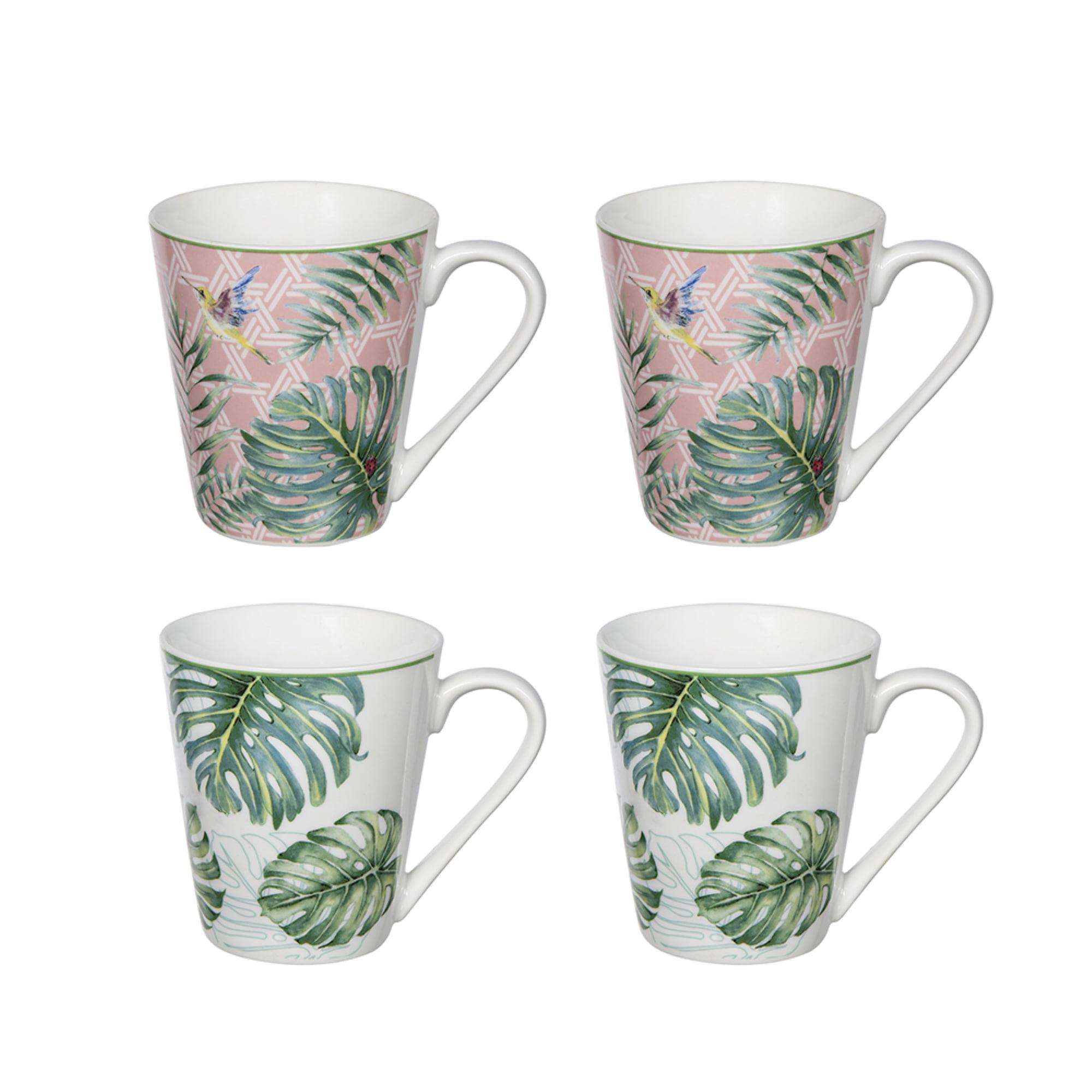 Set of 4 Pink and Green Botanical Ceramic Mugs