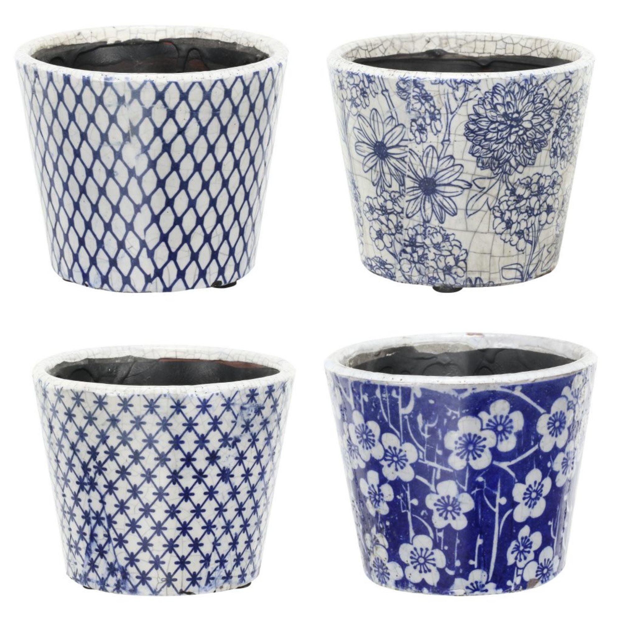 CC Home Furnishings Large Floral Outdoor Garden Planters - 7.5" - Blue and White - Set of 4