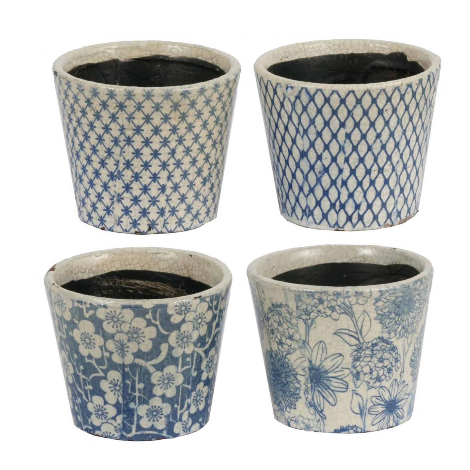 Aged Finish Blue and White Terracotta Planter Set 5.5"