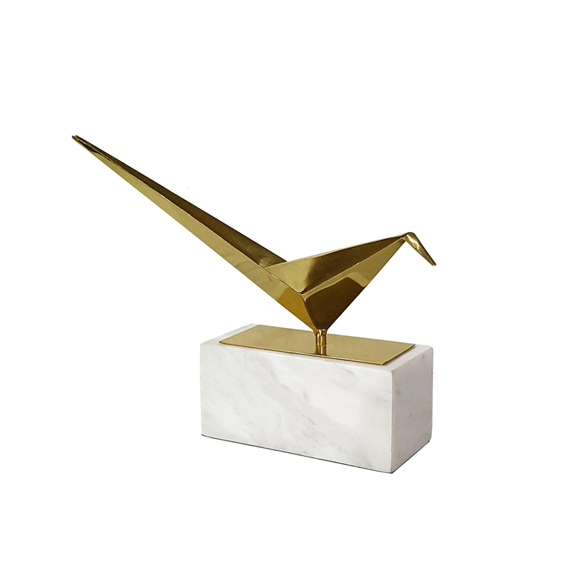 Small Gold Origami Bird Statue on Marble Base