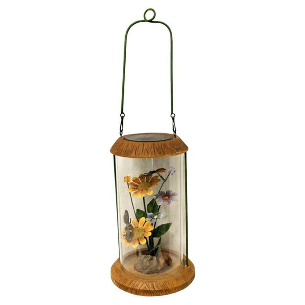 10.5" LED Solar Powered Outdoor Garden Lantern with Metal Flowers