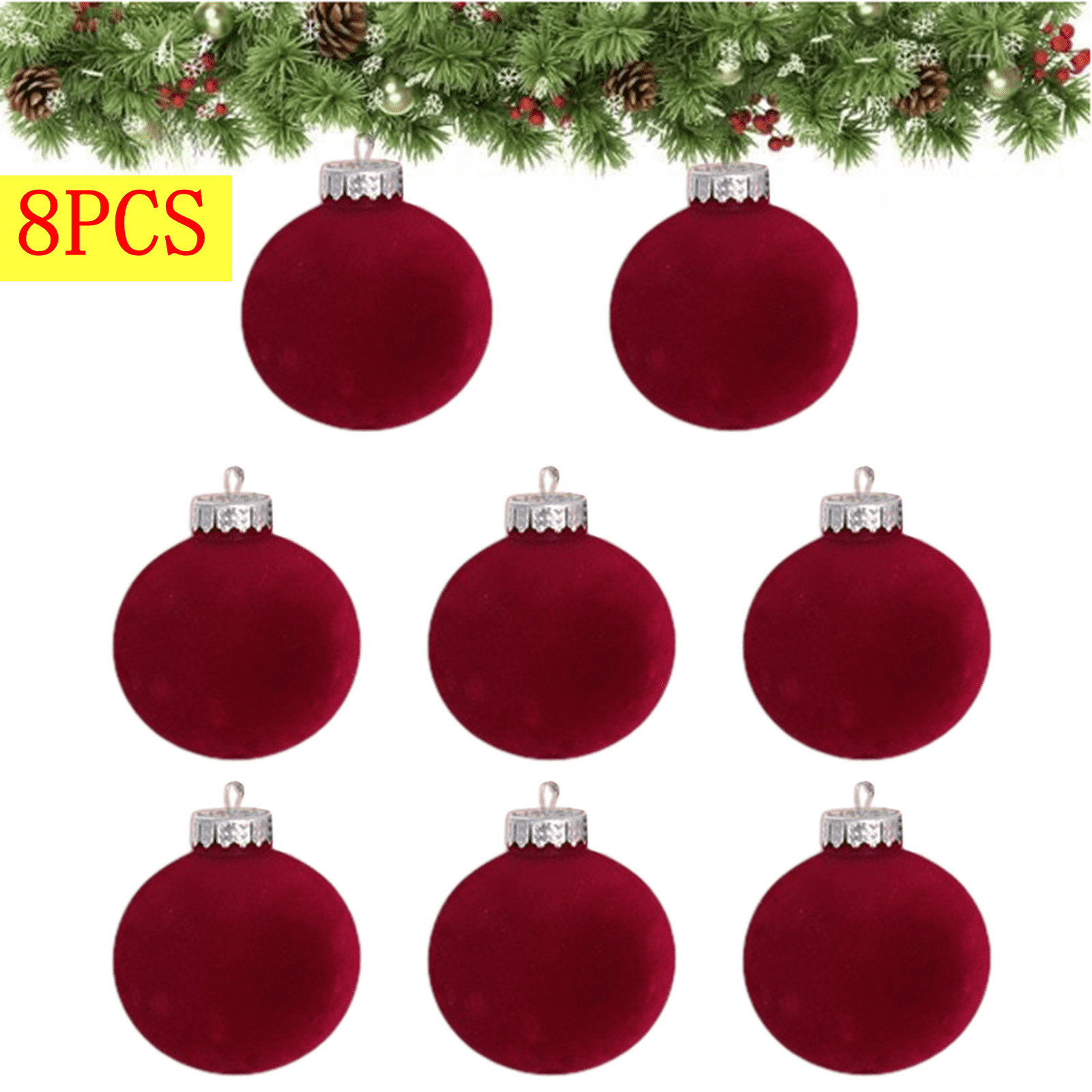 Red Velvet Flocked Plastic Christmas Ball Ornaments Set