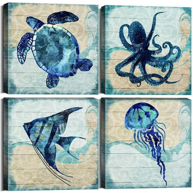 Navy Blue Bathroom Beach Decor Ocean Animals Wall Art Kids Nursery Room Paintings Canvas Rustic Sea Turtle Octopus Jellyfish Fish Pictures Artwork for Bedroom Living Room Home Decorations 16x16” 4Pcs