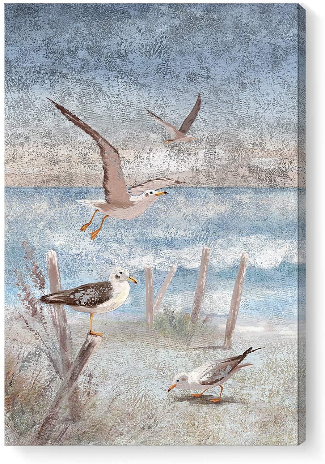 ARTZON Beach Wall Art Bathroom Decor Ocean Theme Canvas Print Coastal Painting Perching Bird by The Sea Shore Abstract Seascape Picture Framed Artwork for Bedroom Living Room Office Ready to Hang 12x16inch