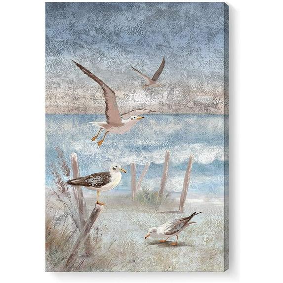 ARTZON Beach Wall Art Bathroom Decor Ocean Theme Canvas Print Coastal Painting Perching Bird by The Sea Shore Abstract Seascape Picture Framed Artwork for Bedroom Living Room Office Ready to Hang 12x16inch