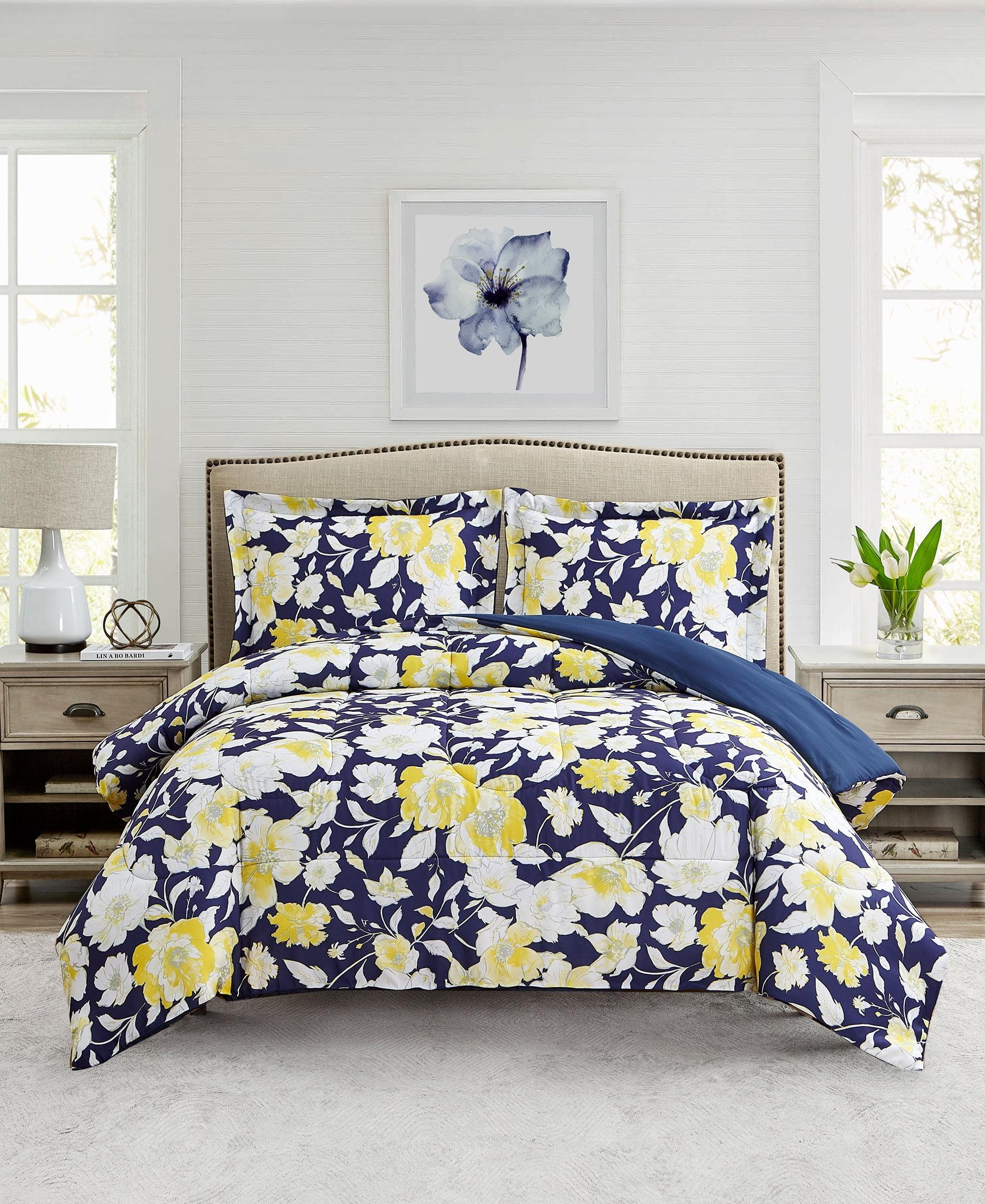 King Navy Yellow Floral Microfiber Comforter Set