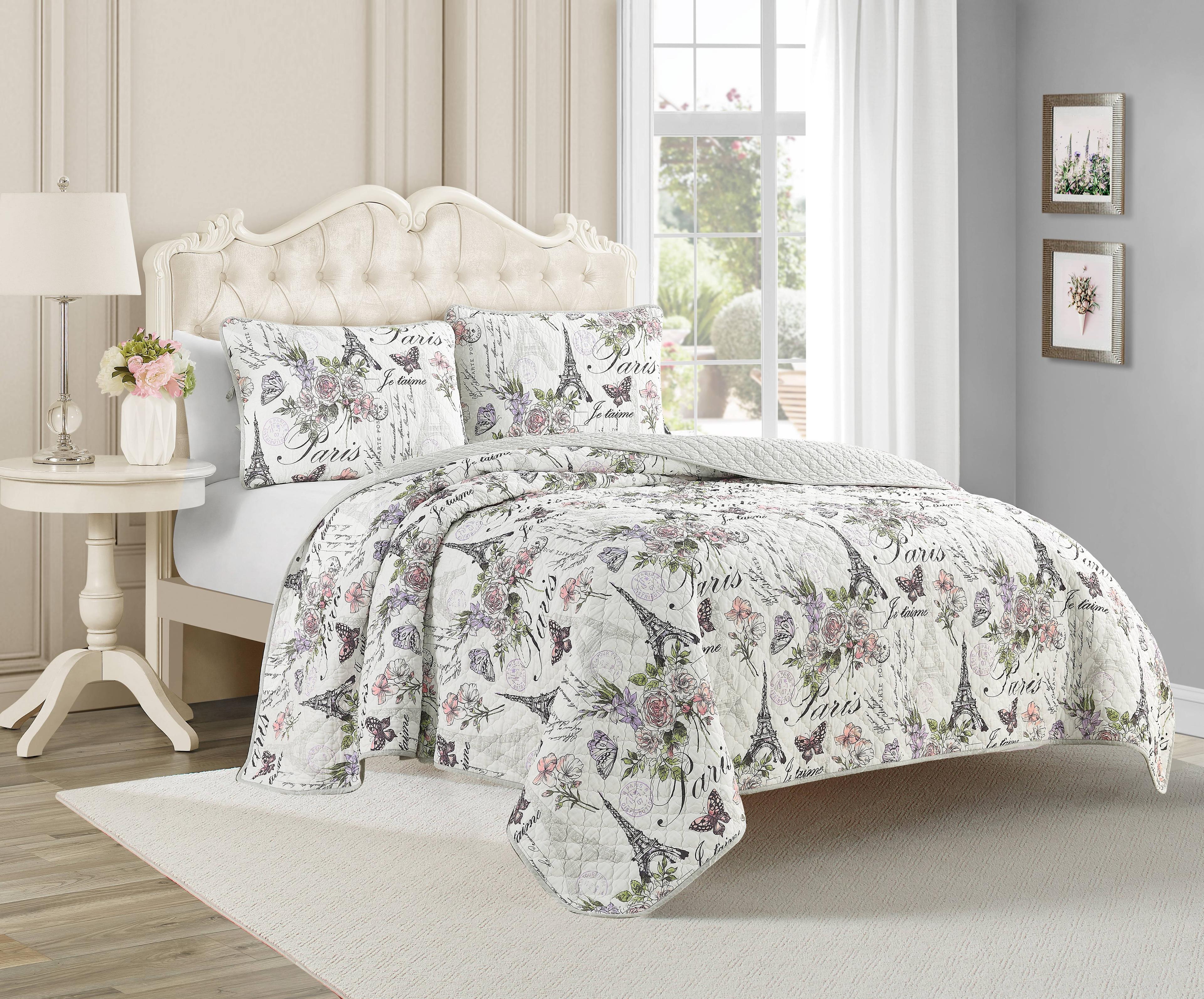 CEDAR COURT Paris Floral Pink All-Season Reversible Cotton Quilt Set