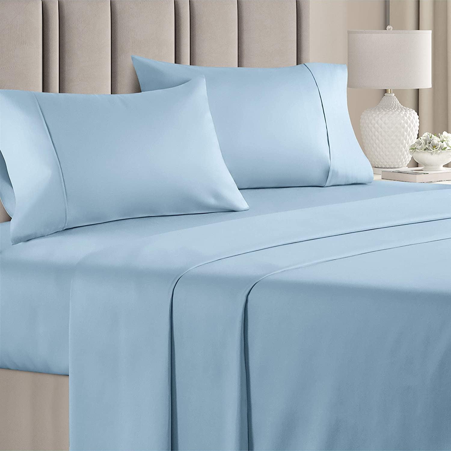 CGK Linens 100% Cotton 400 Thread Count 4 Piece Sheet Set - Soft & Cozy Sateen Bed Sheets in Light Blue, Size Queen