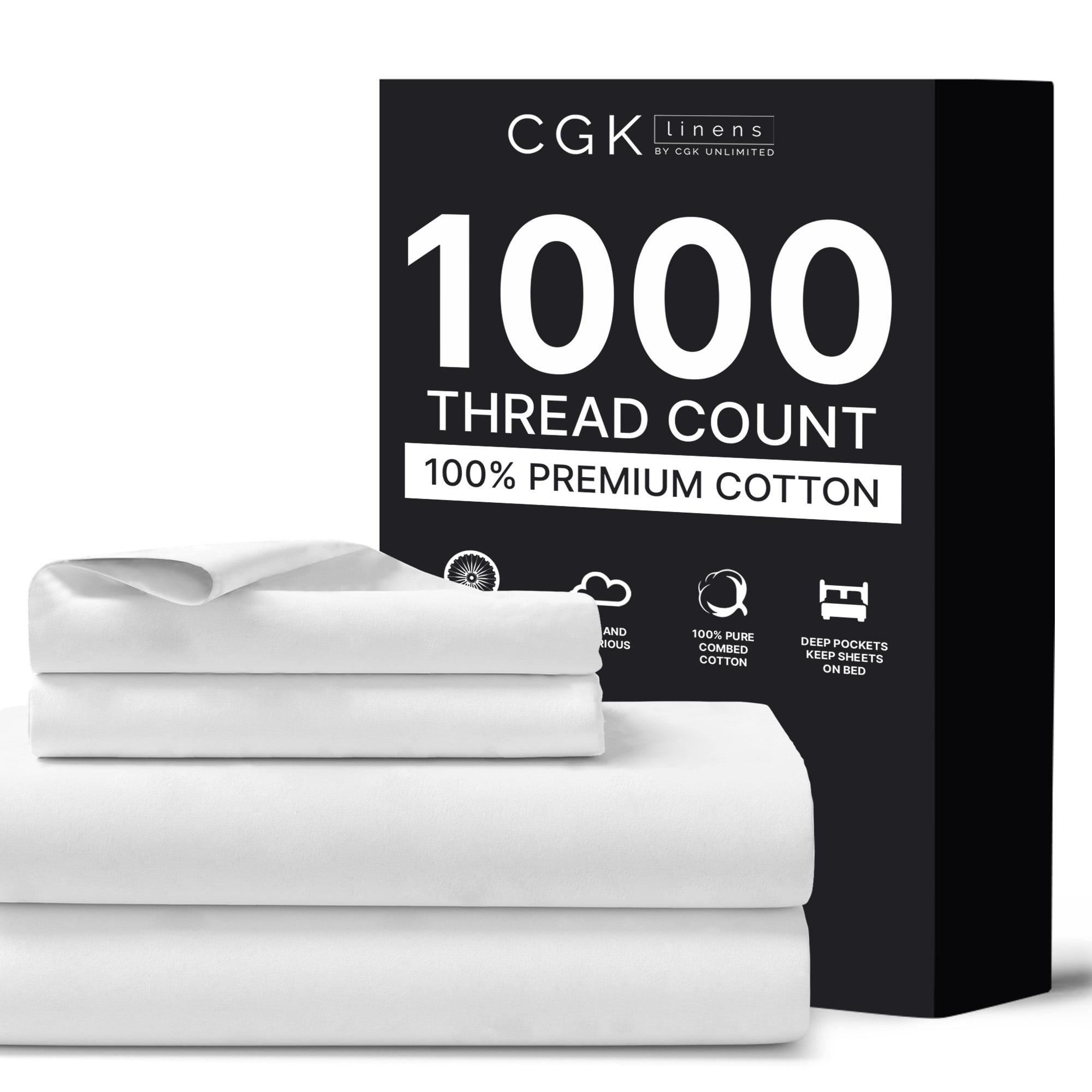 CGK Linens Luxury 1000 Thread Count 4 Piece Sheet Set - Soft & Premium 100% Cotton Sateen in White, Size Twin