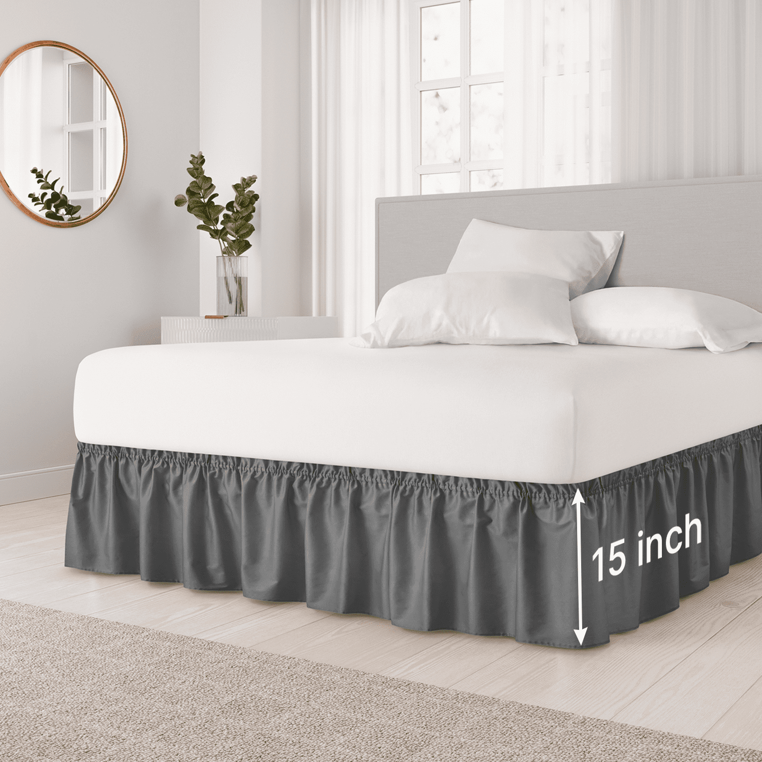 CGK Linens Elastic Wrap-Around Dust Ruffled Bed Skirt - Easy Fit with Pleated 15" Drop in Dark Grey, Size Twin