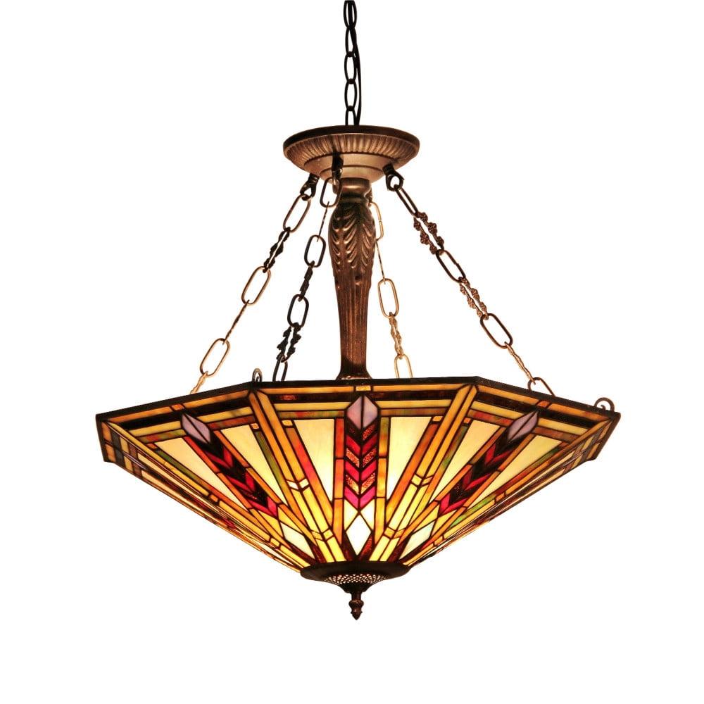 Jayden Tiffany-Style 3-Light Mission Inverted Bronze Pendant with Stained Glass Shade