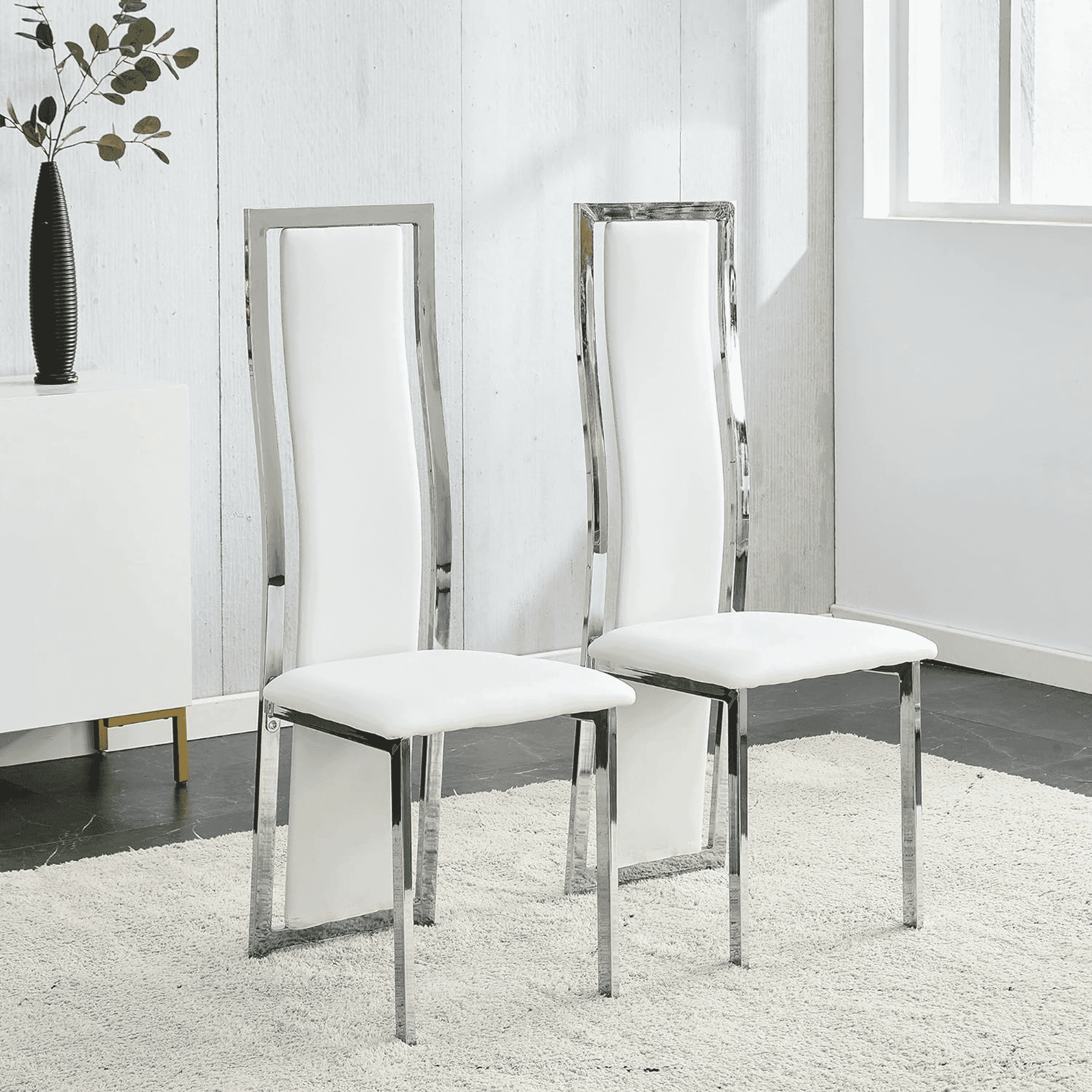 White Velvet High-Back Dining Chairs with Silver Metal Legs