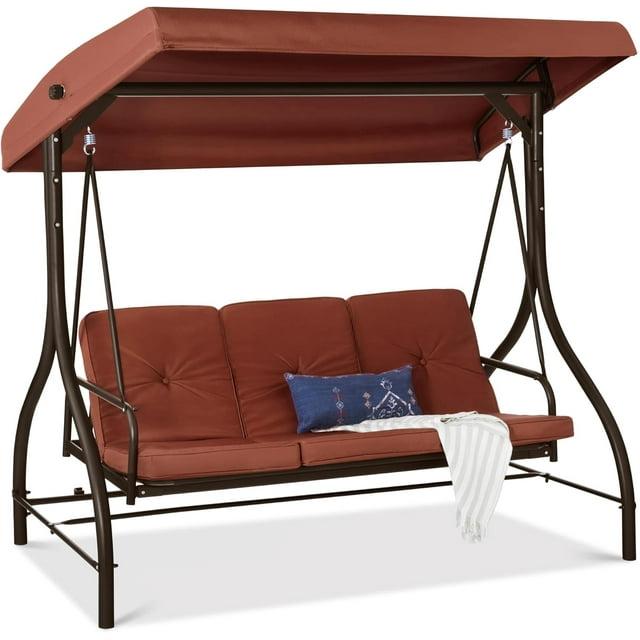 Best Choice Products 3-Seat Outdoor Converting Canopy Swing Glider Patio Hammock w/ Removable Cushions - Dark Rust