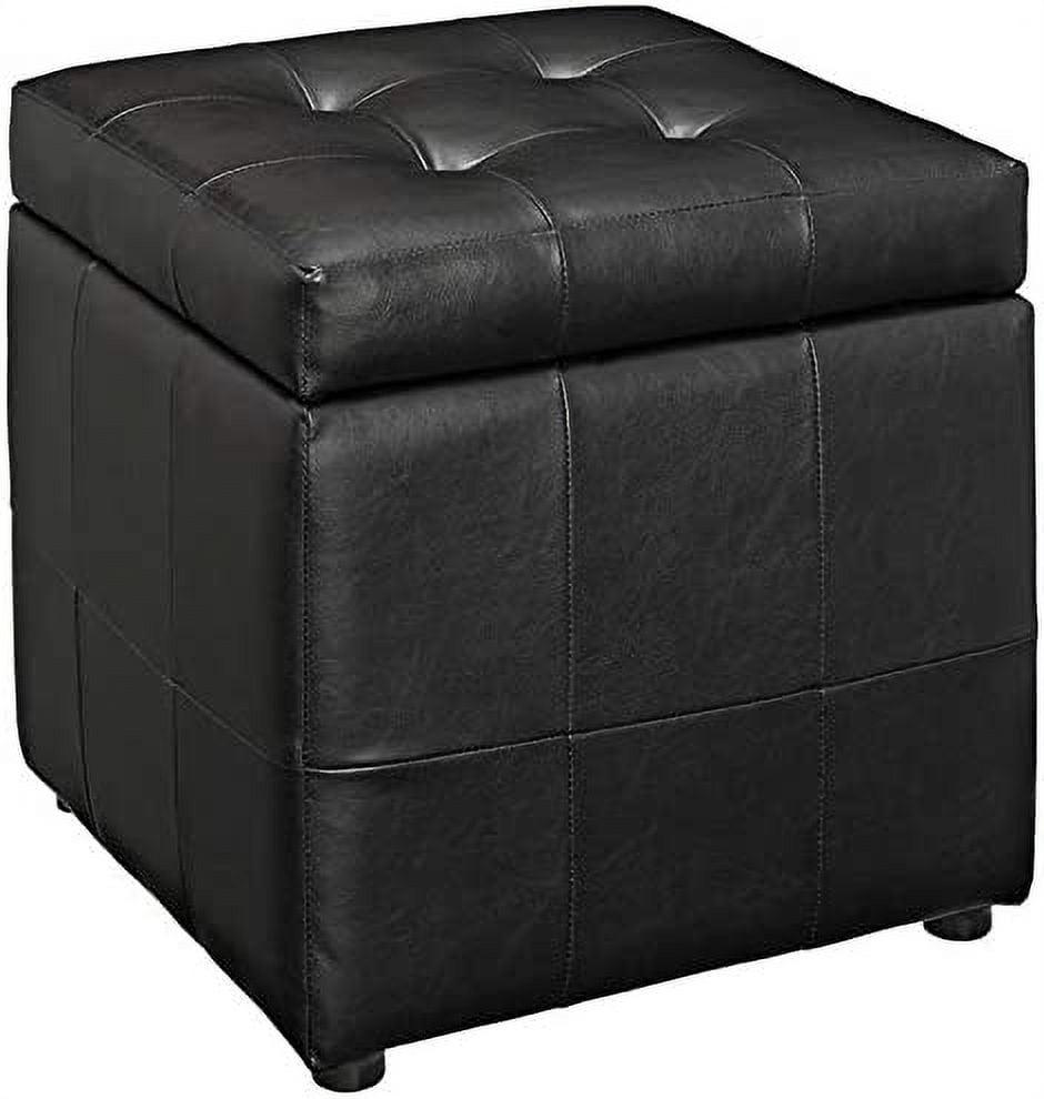 Modern Square Black Faux Leather Storage Ottoman with Wooden Legs