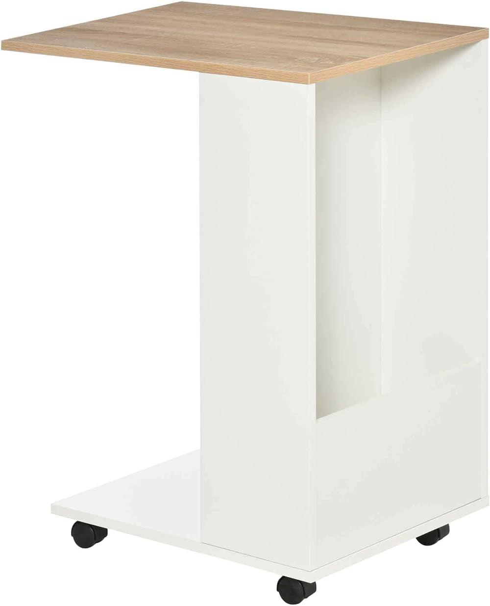 White Wood C-Shaped Mobile End Table with Storage