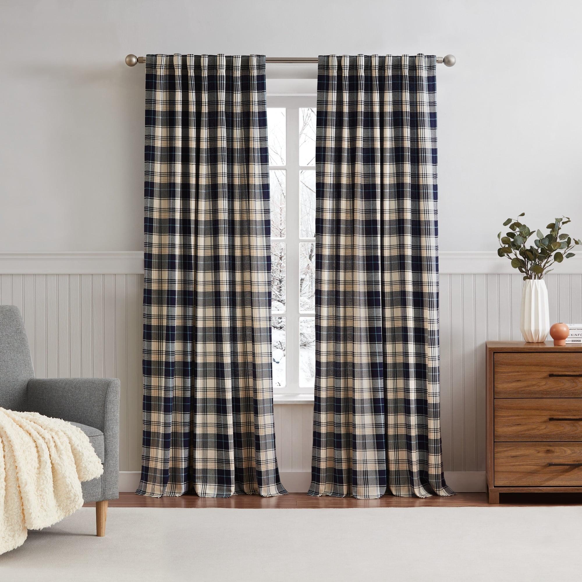 Navy Plaid Cotton Light-Filtering Curtain Panel Pair - 84 Inches